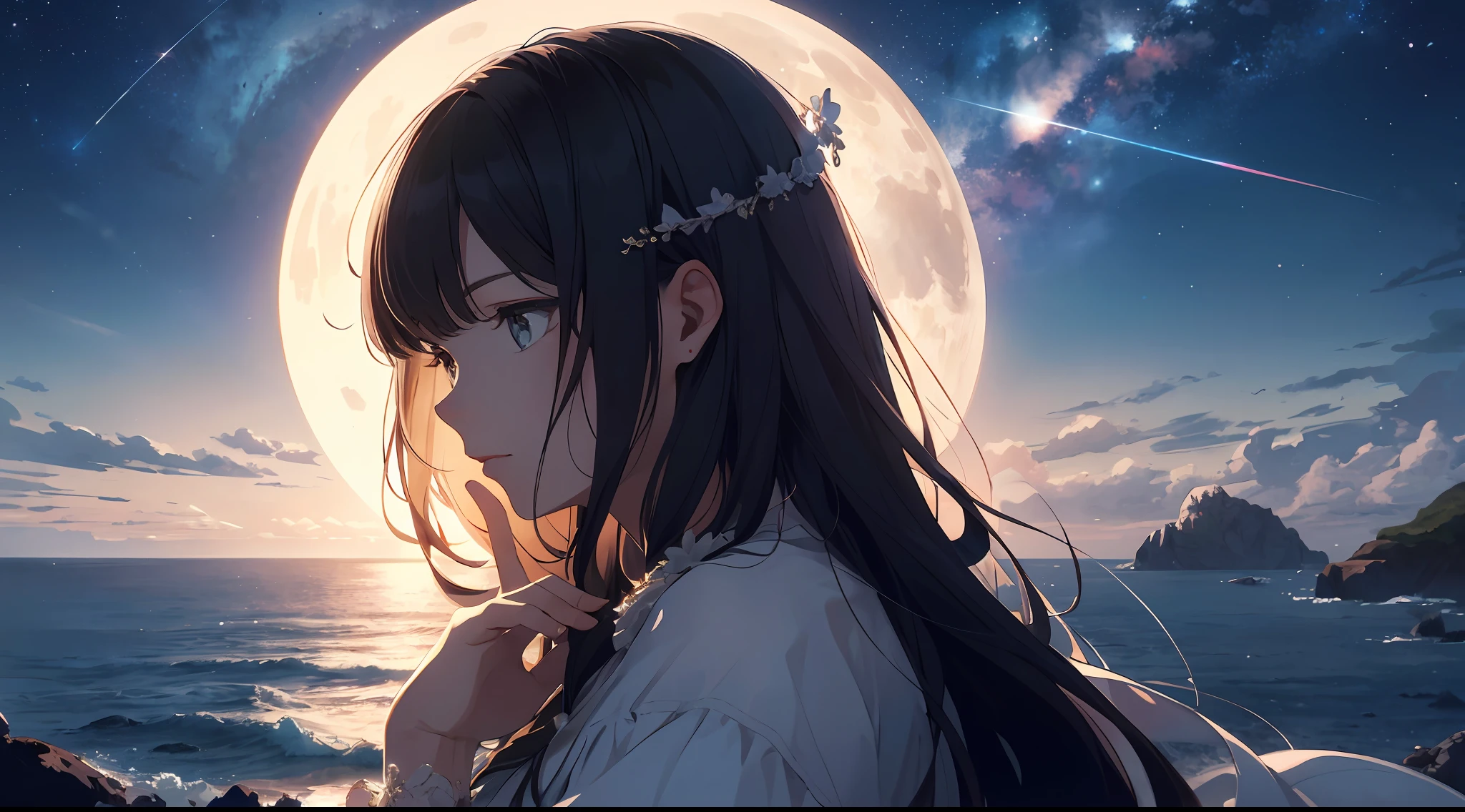 (Best Quality: 1.5), (Super Detail: 1.5), (Best Quality Photo: 1.5), One white lighthouse standing on the cape, a small reef, the ocean as far as the eye can see, horizon, pitch black sea, full moon night, midnight, scenic beauty, beautiful landscape, galaxy, nebula, full of stars, light particles, very delicate and beautiful, very detailed, cinematic light, mysterious, cinematic angle, 8k resolution, elegant, perfect, smooth, praying beauty, praying, beautiful, praying, Very cute,