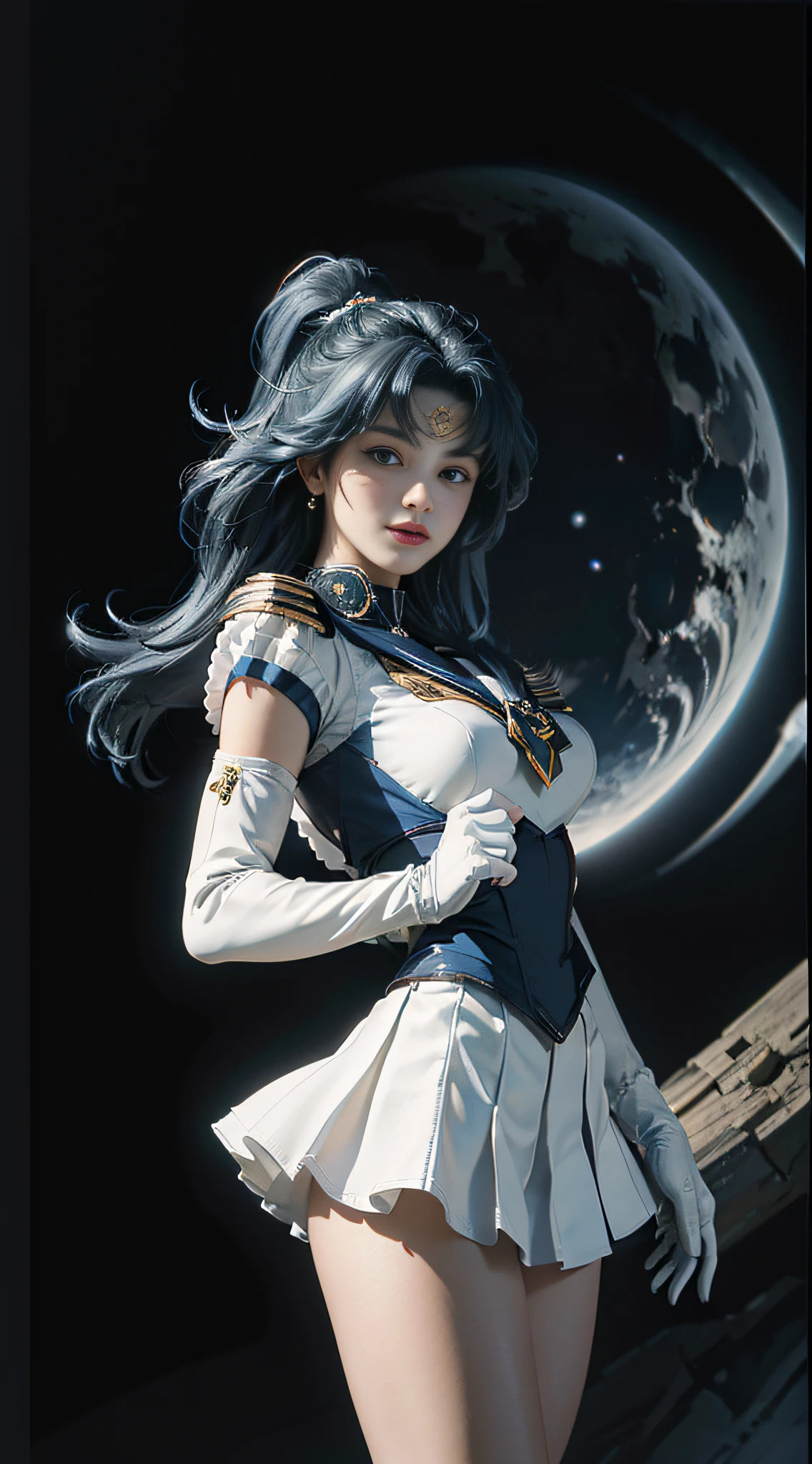 (Extreme Detail CG Unity 8K wallpaper, masterpiece, highest quality), (exquisite lighting and shadow, highly dramatic picture, Cinematic lens effect), (Sailor Moon: 1.4), charming smile, double tail, blue eyes, dark blue hair, tight top, white gloves, mini skirt, dynamic pose), the background is the universe (excellent detail, excellent lighting, wide angle), (excellent rendering, enough to stand out in its class),