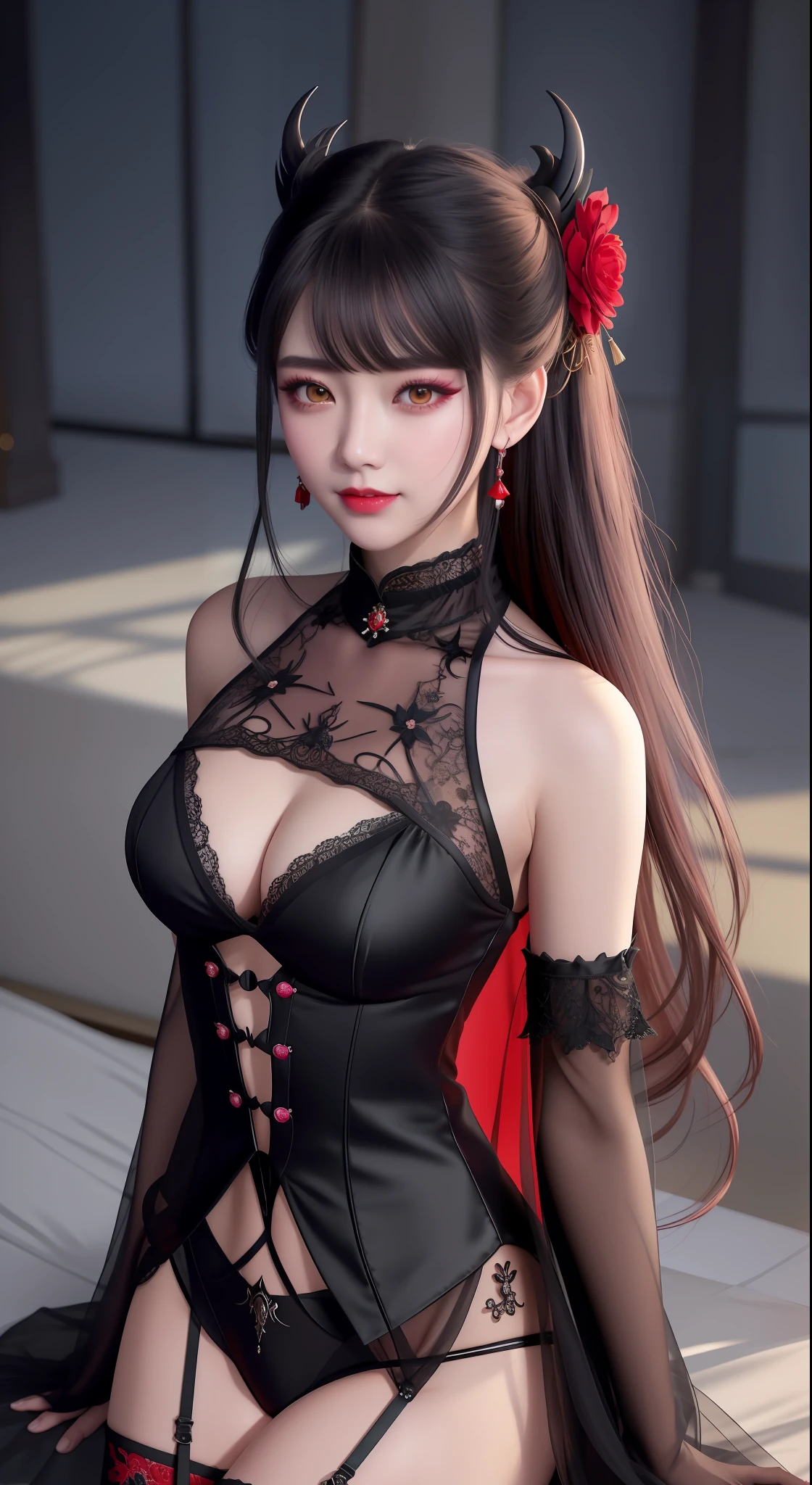 best quality, masterpiece, highres, 1girl, hanfu, white and even teeth, red irises, chinese underwear, hair ornaments, necklace, jewelry, crown jewelry. Pretty face, upper body, magic import style, tyndall effect, photo realistic, dark studio, border light, two tone light, (high detail skin: 1.2), 8k uhd, dslr , soft light, high quality, volumetric light, candid, Photo , high resolution, 4k, 8k, Bokeh, (light pink lips), 1 beautiful demon from hell, In the Dark: 1.6), surreal portraits of women by David Hockney and Alphonse Mucha, fantasy art, photorealism, dynamic lighting, station art, posters, volumetric lighting, highly detailed faces , super 8k, Awarded, in the dark, deep shadow, low light, cowboy lens, (Red phoenix shirt: 1.4), long hair, black hair, bust, luxury palace, Royal style family, devil's crown, red eyes with very sharp and detailed makeup, Best face, Very round and tight breasts, Surreal, chinese women's clothing, turtleneck polo lace top, charming smile, Beautiful eye makeup, guweiz, devil style, black lace stockings, mesh stockings with hooks on underwear, ponytail with a bow at the back, dark red lips, Devil tattoo on shoulder, wearing a nightgown thin lace deep slit chest red black, overcast and thunderous landscape, (Portrait), Close-up of main character, (Background detail 1.8), lace socks worn at the waist,