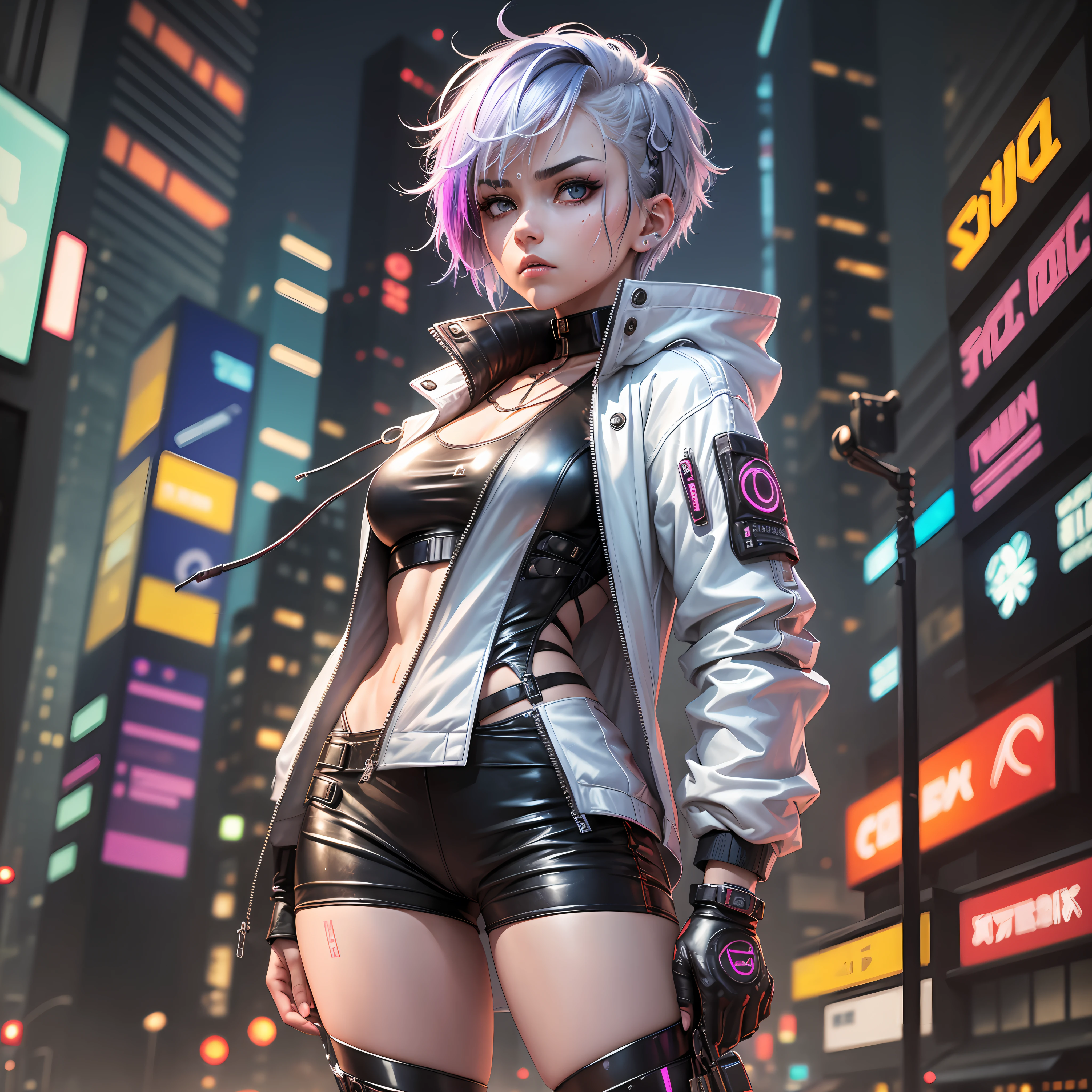 1girl, solo, Lucy (cyberpunk), (white jacket), (open jacket), shorts, (bodysuit), (without sleeves), pouch, (gray hair), (asymmetrical hair), (short hair), (multicolored hair), (beautiful fine hair),(blow hair), red eyeliner, beautiful woman, beautiful eyes, detailed beautiful shiny skin, cute, Perfect Skin, Shiny Skin, 20 years old, (Small), pureerosface_v1:0.3 , (Outdoor), Sharp face, (Abdomen:1.2), (Depressed), (Anger), Sweat, Wet, Neon, Cyberpunk, SF, (Fighting Stance), (Gold Wire), (Constriction:1.4) --auto --s2