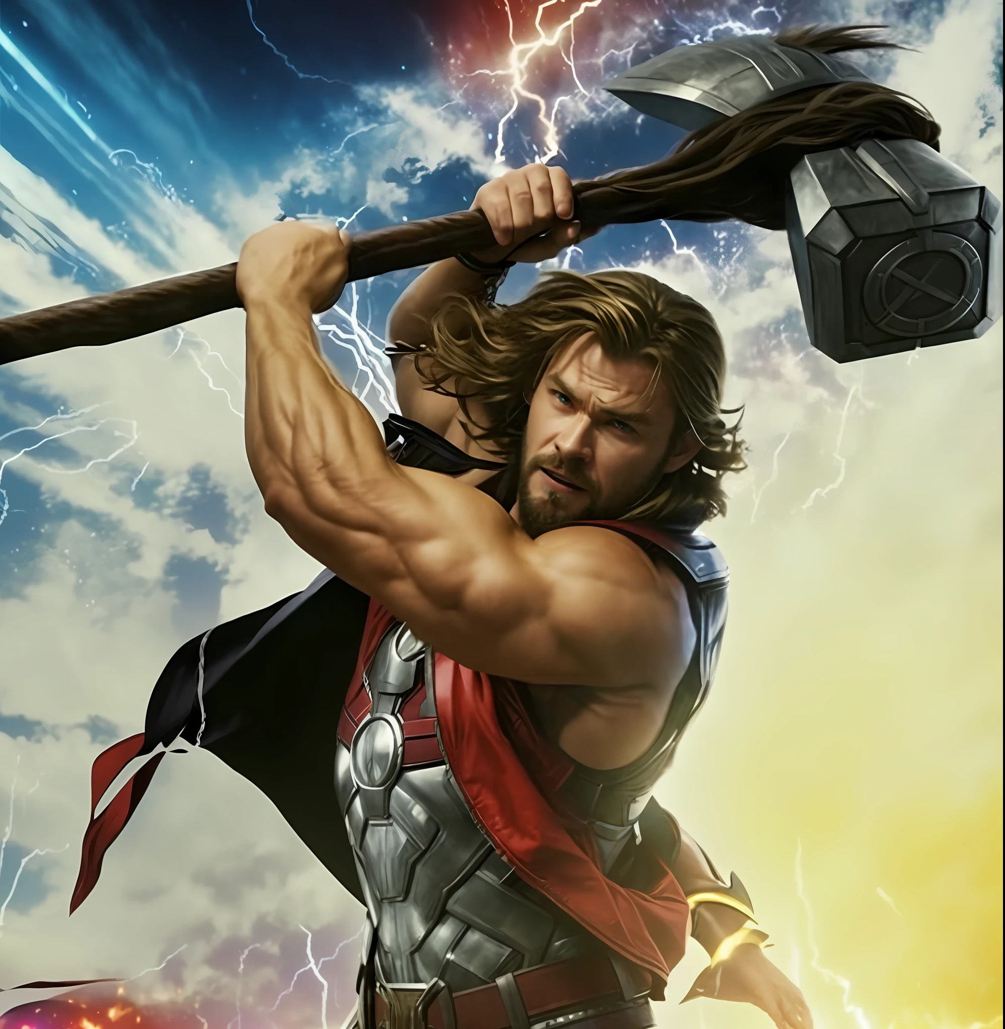 Chris Hemsworth, Thor, metallic armor, God of thunder, expression of fury.