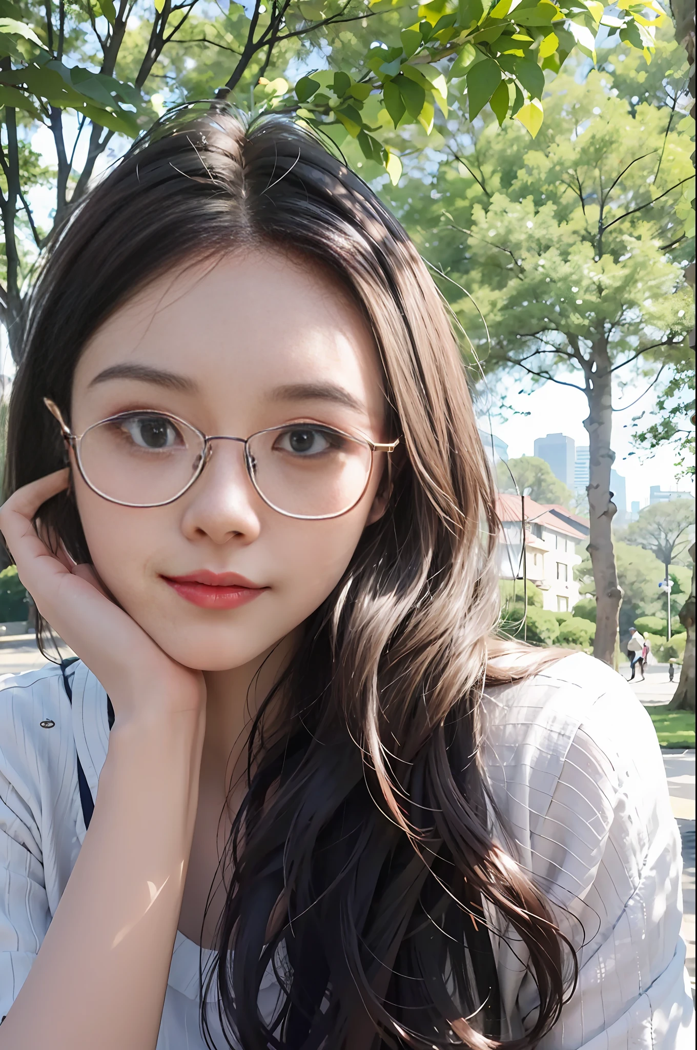 There is a woman with glasses posing for a photo in the park, wearing glasses, 8k selfie, square frame glasses, wearing small round frame glasses, wearing thin large round frame glasses, chinese girl, wearing glasses, portrait photo avatar, cute, park, tree