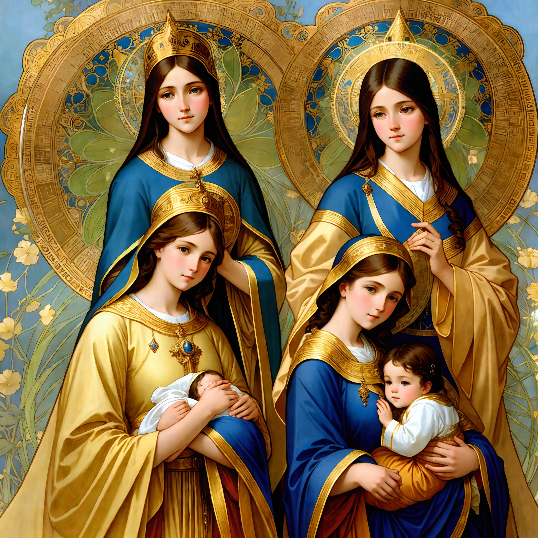 Create portrait of saint our lady with blue and gold robe, holding the baby Jesus in the right hand and blessing with the left mother, Mucha style,