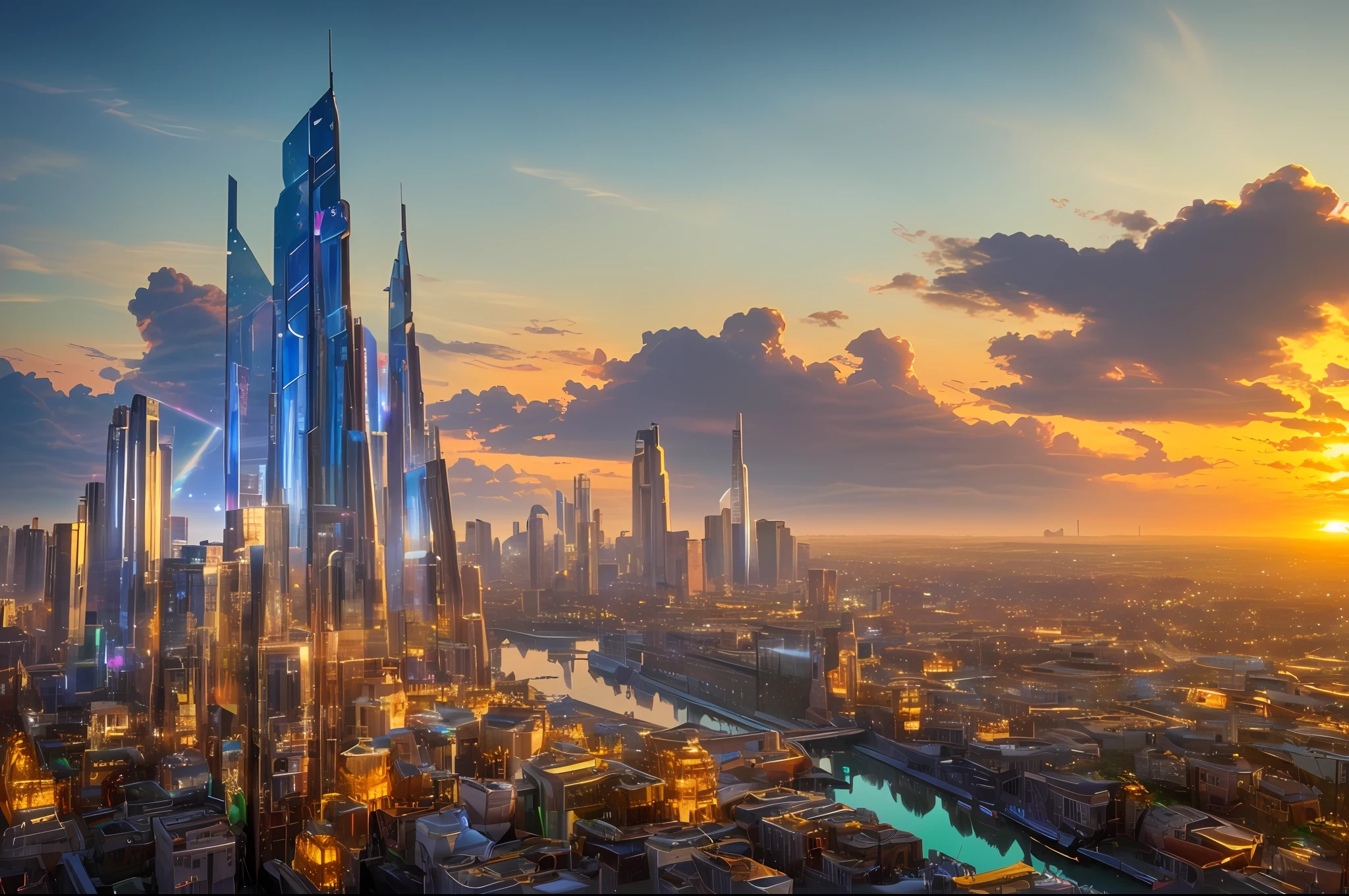 Realism style, space, galaxy, ((8K quality)), ((realism)), futuristic city, masterpiece, epic, majestic, best quality, very high resolution, 8k, hdr, digital photography, clear beautiful, iridescent, transparent, translucent, reflection, refraction, diffraction, caustic, volumetric light, volumetric shadow, (very detailed and refined: 1.2), (very detailed and beautiful: 1.2), partially backlit, ( Lighting outside the sunset frame and nearby lighting: 1.3), (realistic lighting: 1.2), (dynamic colors from lighting: 1.2), (complex details: 1.3), hyper-detailed, surreal, (sharp focus: 1.2), (SFW: 1.2),