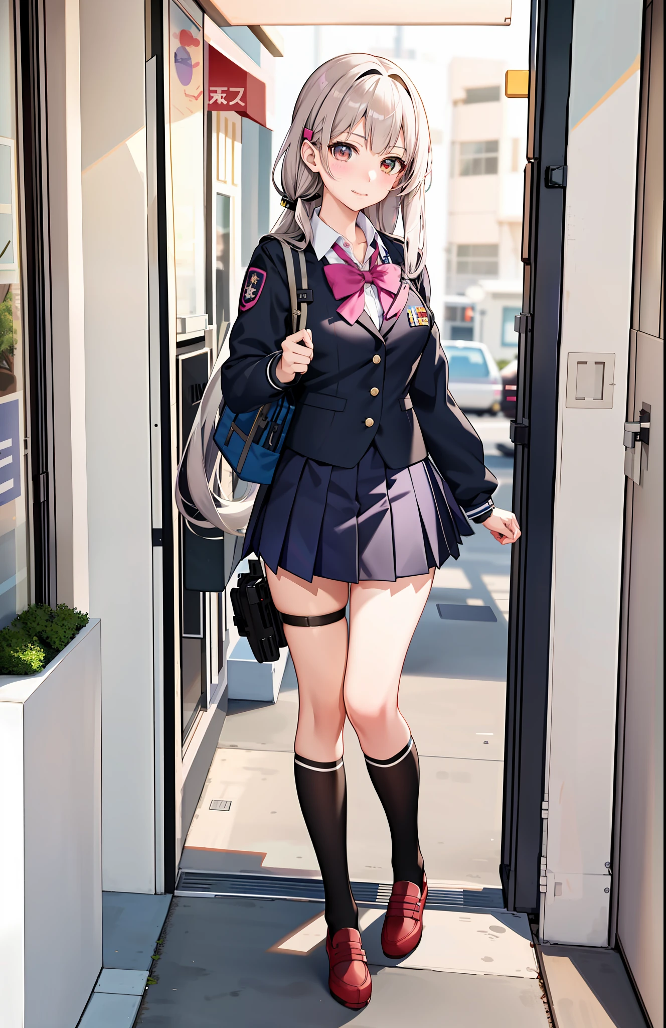 anime girl in school uniform standing in front of a store, an anime drawing by Shitao, trending on pixiv, realism, a hyperrealistic schoolgirl, kantai collection style, beautiful anime high school girl, hyperrealistic schoolgirl, girls frontline style, best anime 4k konachan wallpaper, anime visual of a cute girl, young anime girl