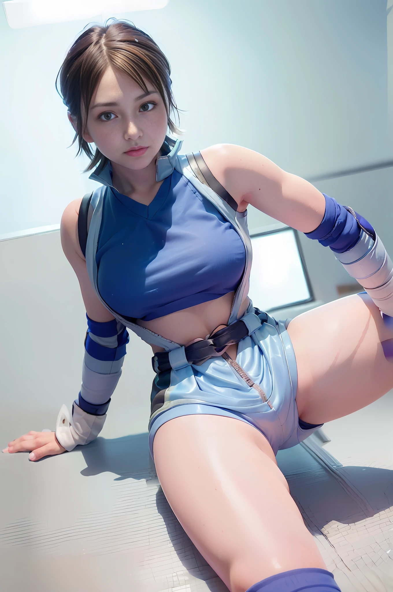 (Skin scars: 1.2), (Skin dents), Black eyes, 1 woman, 25 years old, ((((Female))), Solo, Realistic, Best Quality, Photorealistic, Masterpiece, 8K, High Resolution, Solo, Highly Detailed Face, (Professional Lighting, Bokeh), (Light Particles, Lens Flare, Luminous Particles: 0.6), (Dynamic Pose: 1.2), Soft Lighting, Angle View from Above Fashionable and trendy atmosphere, Japan, street, Tokyo, city, ((daytime)), sky, wire cable, (((viewer: 1)), (watching camera), (portrait: 0.6), cowboy shot, gorgeous, sitting with legs spread, maintaining original facial proportions, broad shoulders, full body, (small) chest), (medium hair), brown hair, floating hair, lips, lipstick, seductive smile, floating hair, smile, open mouth, teeth, (white blouse), (jumper skirt), eyelashes, moles, (moles under eyes: 1) ), (((Asuka Kazama, with an ass mochi and open both legs to show off her crotch))),((Front angle))))