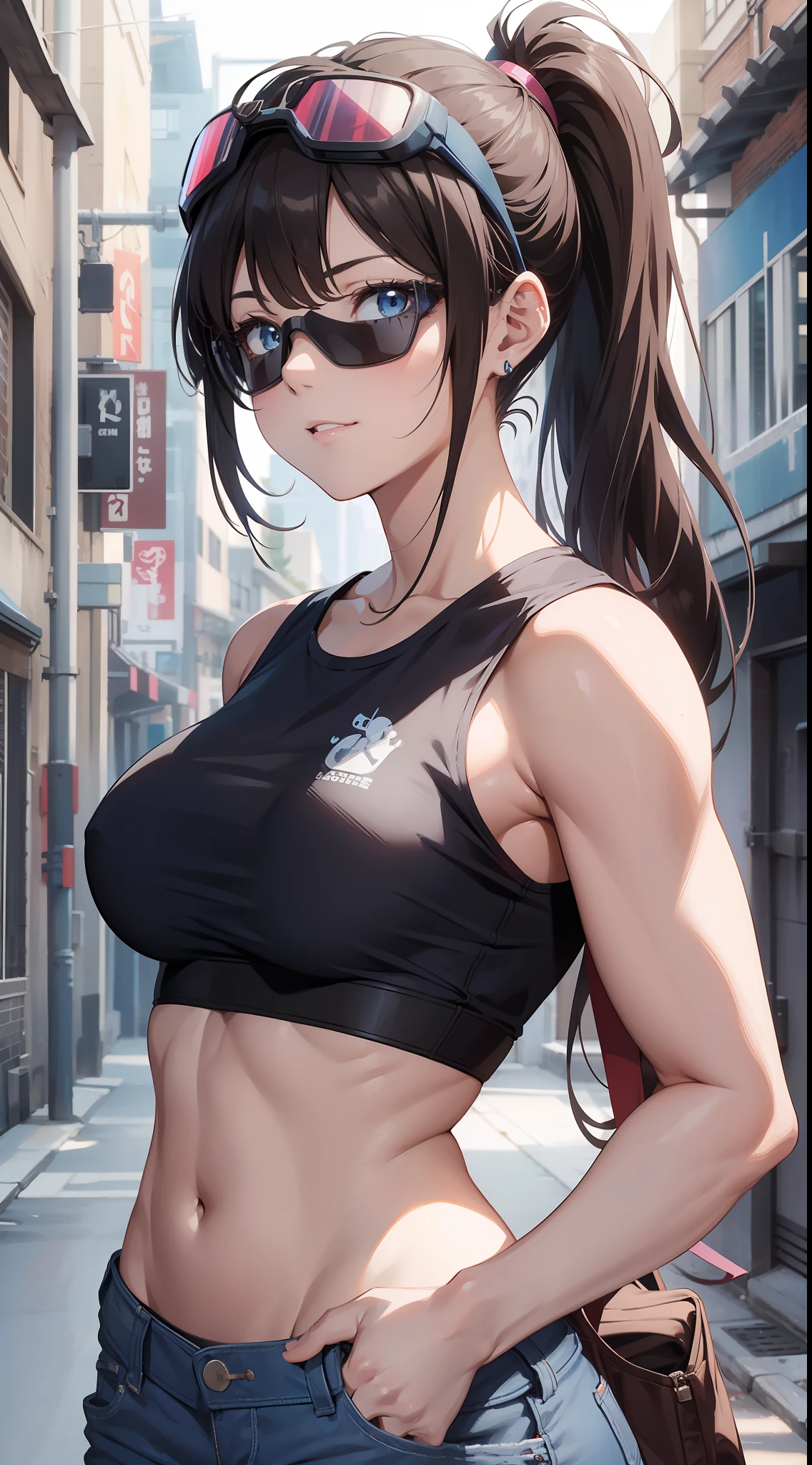 16K, ultra realistic, highres, best quality, masterpiece, half body image, a beautiful girlfriend posing for a photograph on an alleyway, near a pet mech, futursitc, wearing a modern sleeveless pink t-shirt, black jeans, goggles, brown ponytail, bangs, happy chuckle, blue eyes, muscular lean body, perfect anatomy, looking at the camera, day time, blue sky, anime style, outdoors, trending on artstation, WLOP, sakimichan