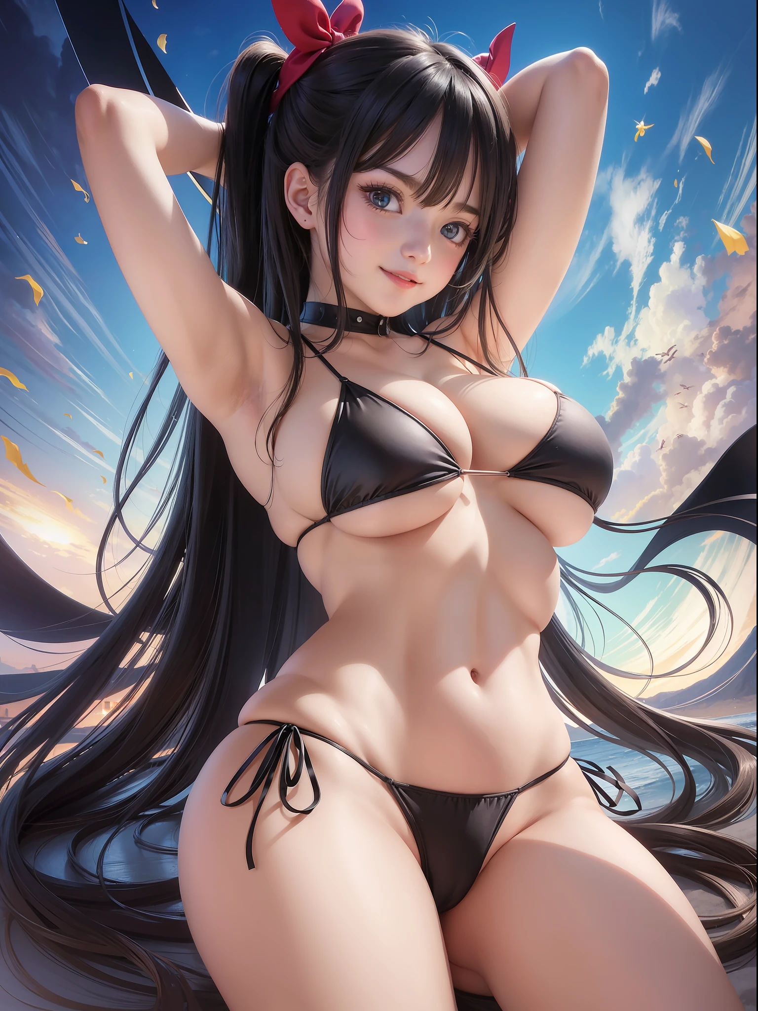illustration, cartoon, 1 girl, huge breasts, big breasts, hanging breasts, simple background, posing, smile, half naked, long string bikini, anime girl, perfect, racy micro bikini, spearheads, armpits