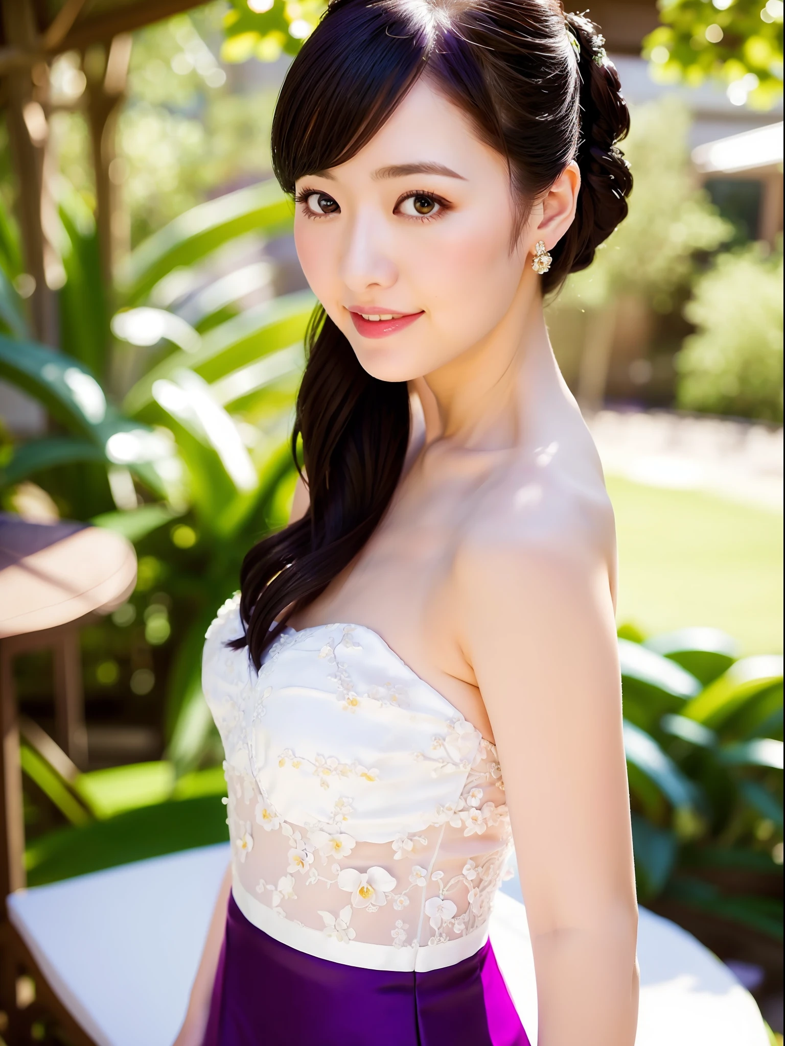 orchid wedding dress,purple short skirt,woman,japanese,cute face,pretty face,bare shoulders,shoulders slightly exposed,black eyes,black hair,(photorealistic:1.4),realistic details, high resolution,bokeh,outstanding details