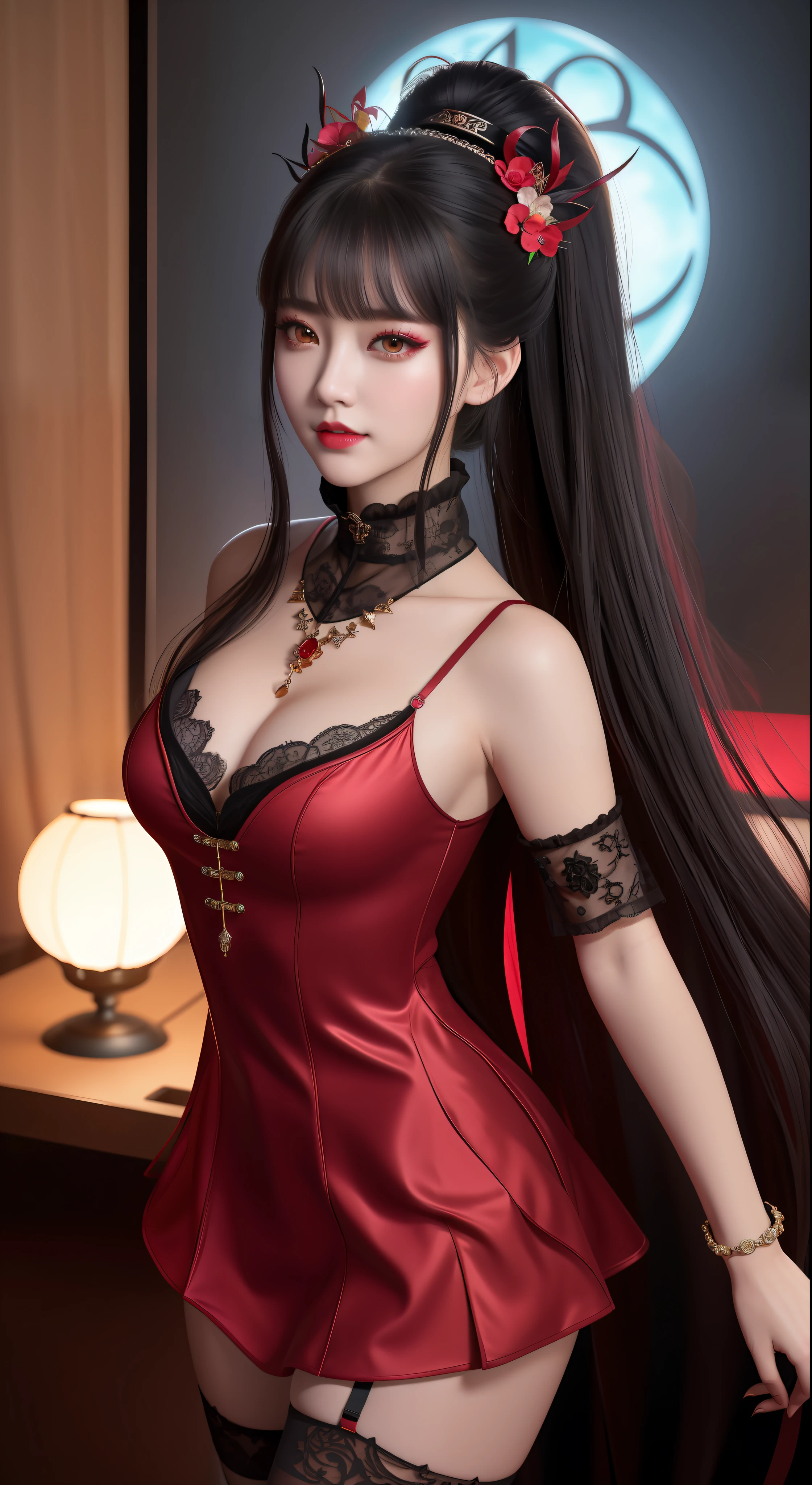 best quality, masterpiece, highres, 1girl, hanfu, white and even teeth, red irises, chinese underwear, hair ornaments, necklace, jewelry, crown jewelry. Pretty face, upper body, magic import style, tyndall effect, photo realistic, dark studio, border light, two tone light, (high detail skin: 1.2), 8k uhd, dslr , soft light, high quality, volumetric light, candid, Photo , high resolution, 4k, 8k, Bokeh, (light pink lips), 1 beautiful demon from hell, In the Dark: 1.6), surreal portraits of women by David Hockney and Alphonse Mucha, fantasy art, photorealism, dynamic lighting, station art, posters, volumetric lighting, highly detailed faces , super 8k, Awarded, in the dark, deep shadow, low light, cowboy lens, (Red phoenix shirt: 1.4), long hair, black hair, bust, luxury palace, Royal style family, devil's crown, red eyes with very sharp and detailed makeup, Best face, Very round and tight breasts, Surreal, chinese women's clothing, turtleneck polo lace top, charming smile, Beautiful eye makeup, guweiz, devil style, black lace stockings, mesh stockings with hooks on underwear, ponytail with a bow at the back, dark red lips, Devil tattoo on shoulder, wearing a nightgown thin lace deep slit chest red black, overcast and thunderous landscape, (Portrait), Close-up of main character, (Background detail 1.8), lace socks worn at the waist,