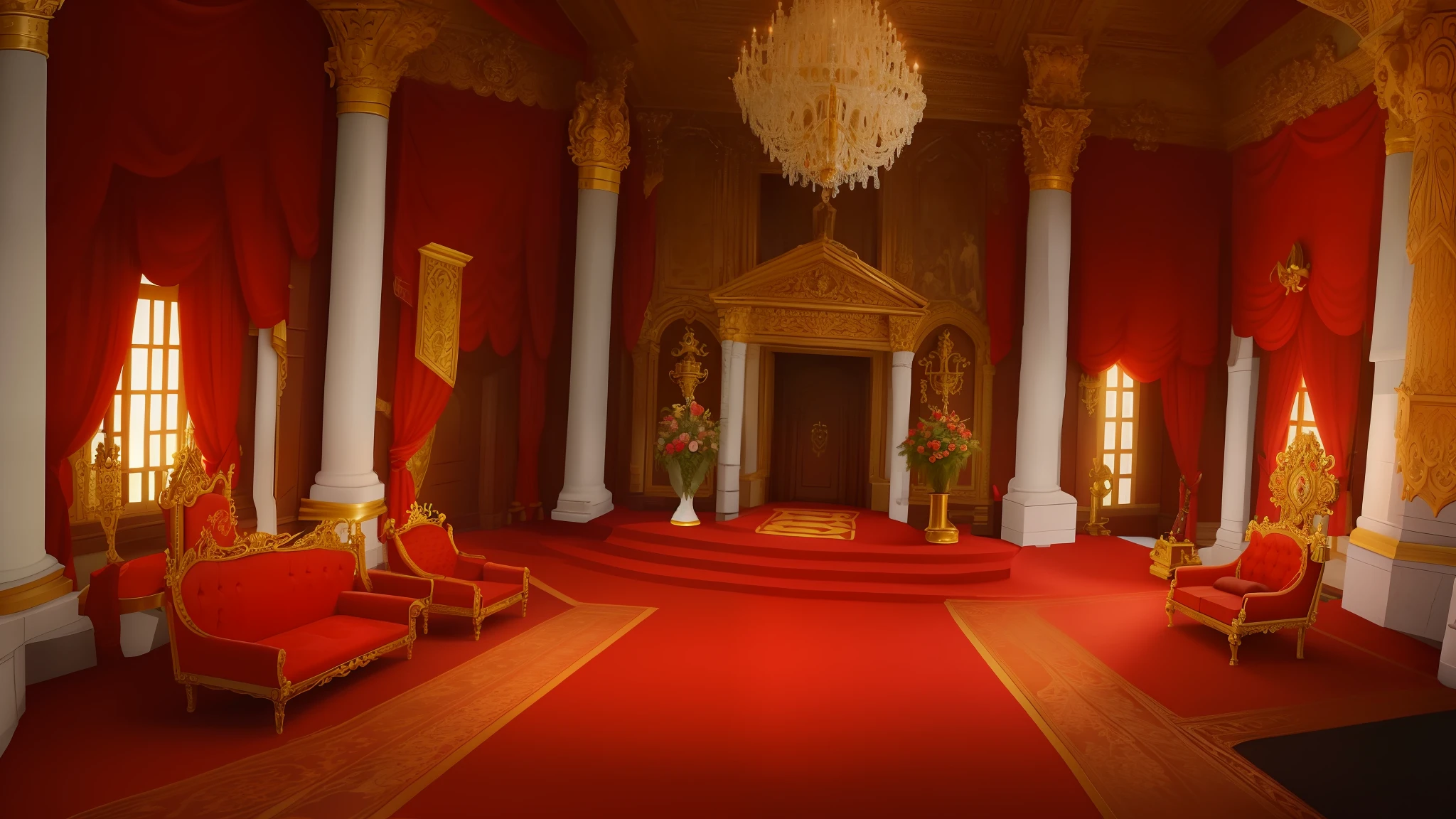 there is a cartoon picture of a castle with a red carpet, in a throne room, throne room, decadent throne room, exquisitely designed throne room, inspired by Luigi Kasimir, rustic throne room, mario, inside a palace, video game screenshot>, inside a castle, cutscene, * * *, interior gameplay screenshot, 3d mario 64 castle aerial view