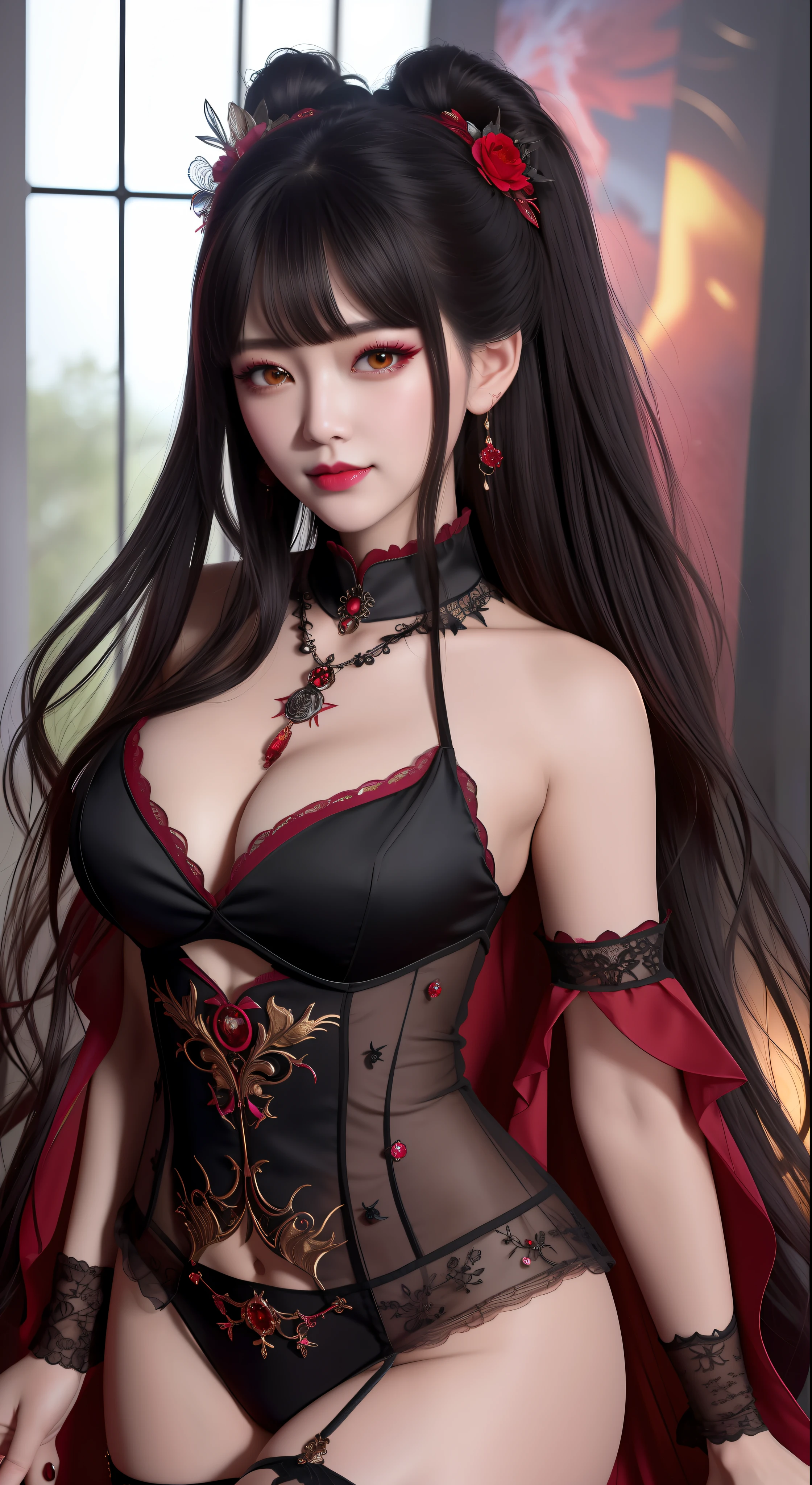 best quality, masterpiece, highres, 1girl, hanfu, white and even teeth, red irises, chinese underwear, hair ornaments, necklace, jewelry, crown jewelry. Pretty face, upper body, magic import style, tyndall effect, photo realistic, dark studio, border light, two tone light, (high detail skin: 1.2), 8k uhd, dslr , soft light, high quality, volumetric light, candid, Photo , high resolution, 4k, 8k, Bokeh, (light pink lips), 1 beautiful demon from hell, In the Dark: 1.6), surreal portraits of women by David Hockney and Alphonse Mucha, fantasy art, photorealism, dynamic lighting, station art, posters, volumetric lighting, highly detailed faces , super 8k, Awarded, in the dark, deep shadow, low light, cowboy lens, (Red phoenix shirt: 1.4), long hair, black hair, bust, luxury palace, Royal style family, devil's crown, red eyes with very sharp and detailed makeup, Best face, Very round and tight breasts, Surreal, chinese women's clothing, turtleneck polo lace top, charming smile, Beautiful eye makeup, guweiz, devil style, black lace stockings, mesh stockings with hooks on underwear, ponytail with a bow at the back, dark red lips, Devil tattoo on shoulder, wearing a nightgown thin lace deep slit chest red black, overcast and thunderous landscape, (Portrait), Close-up of main character, (Background detail 1.8), lace socks worn at the waist,