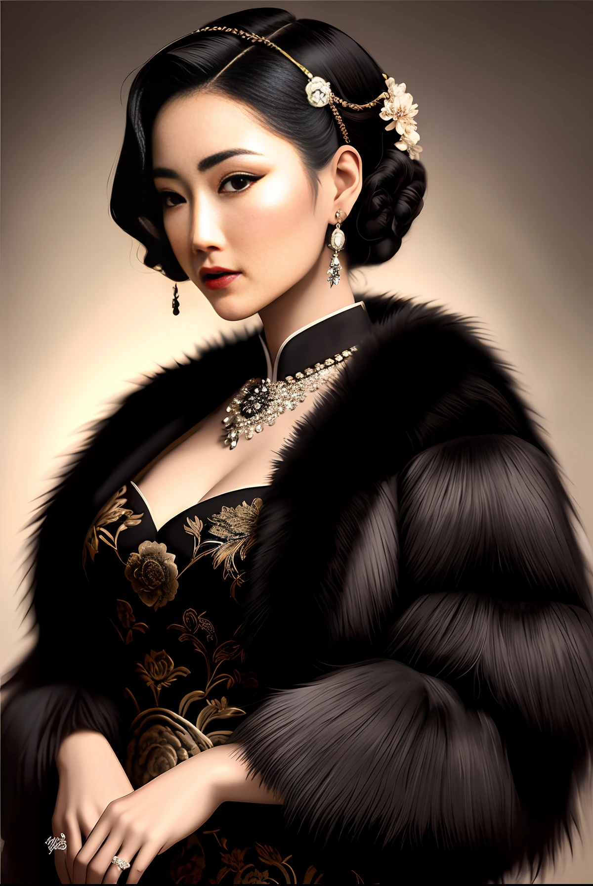 beautiful woman , 1930s fur,intricately detailed gorgeous cheongsam, noir movie, noir style, noir color palette, beautiful masterpice artwork, photorealistic painting art, High Detail, Sharp focus, dramatic, professional majestic oil painting, full shot body photo of the most beautiful artwork in the world, modelshoot style, sharp image