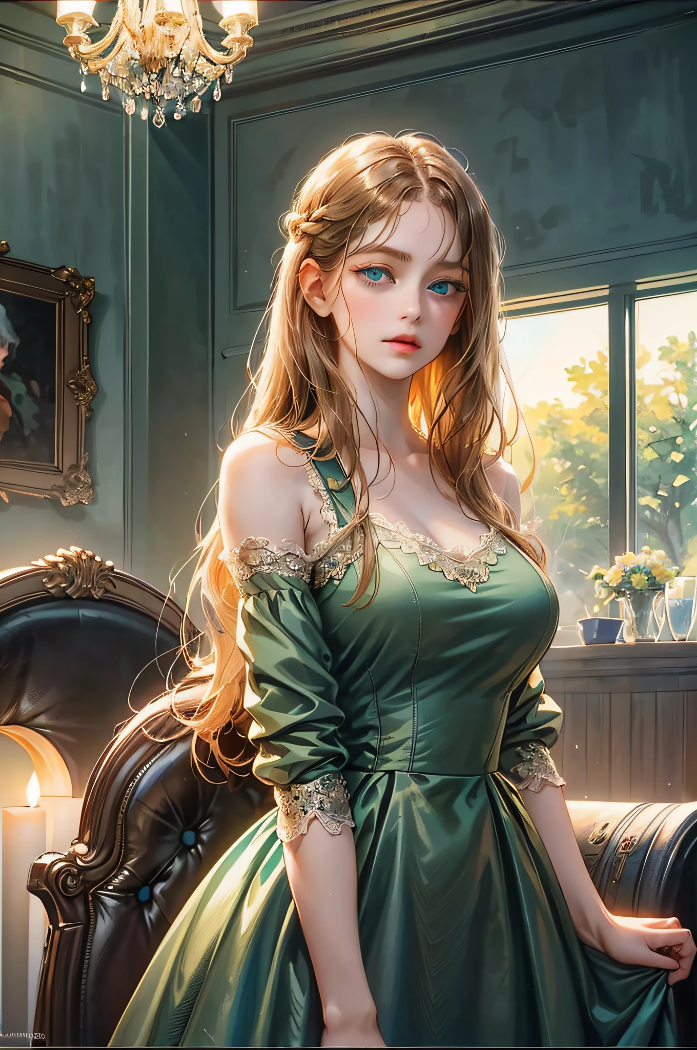 Front view, ((looking at the audience)), (film, best quality, UHD), ((oil painting)), ((official art)), 1 girl, (blue eyes), big eyes, (dark blonde), straight long hair, smooth long bangs, shy, leather, ((delicate light green dress)), big breasts, upper body, silhouette, cabin interior, detailed face, extremely detailed eyes