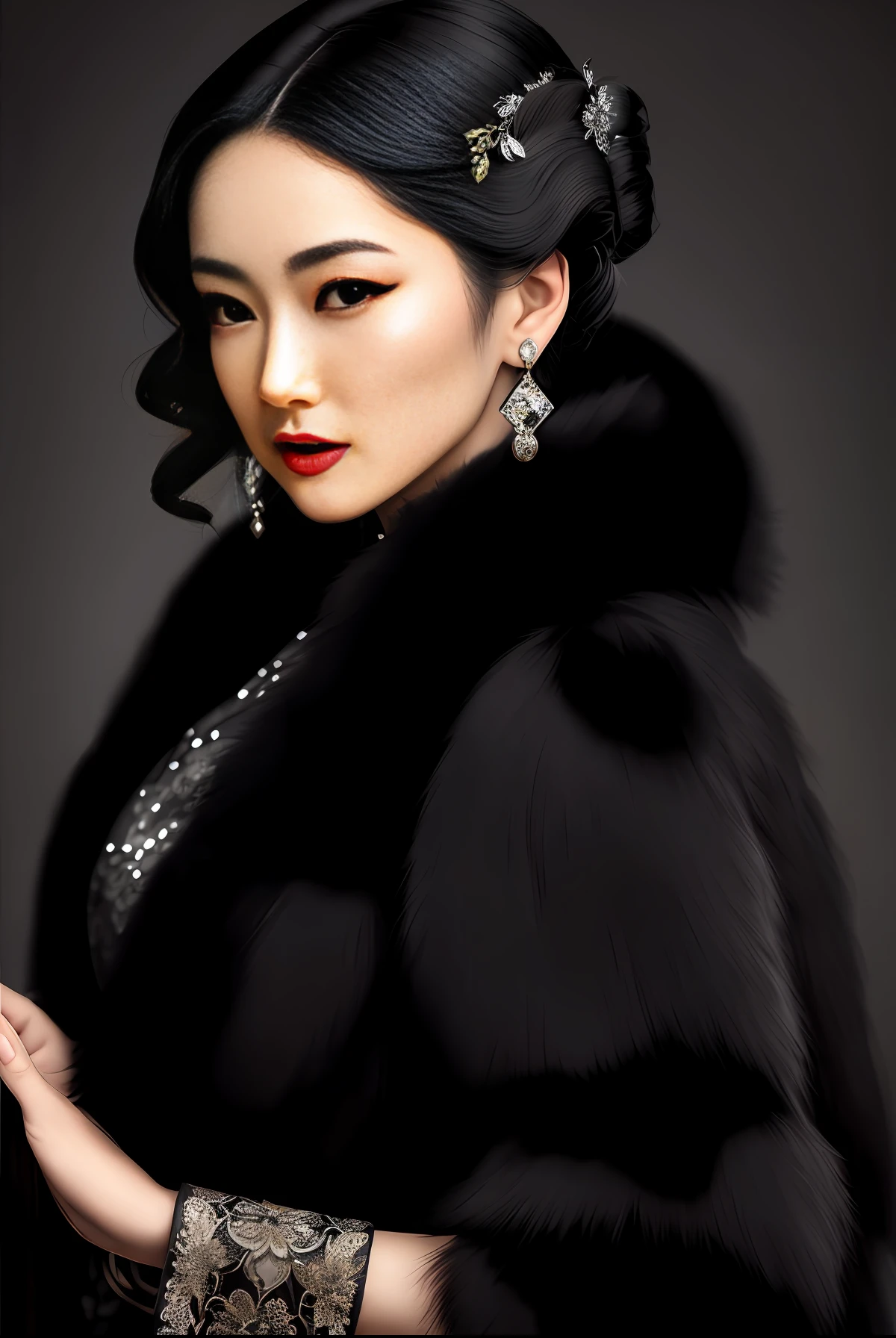 beautiful woman , 1930s fur,intricately detailed gorgeous cheongsam, noir movie, noir style, noir color palette, beautiful masterpice artwork,  photorealistic painting art, High Detail, Sharp focus, dramatic,  professional majestic oil painting, full shot body photo of the most beautiful artwork in the world, modelshoot style, sharp image