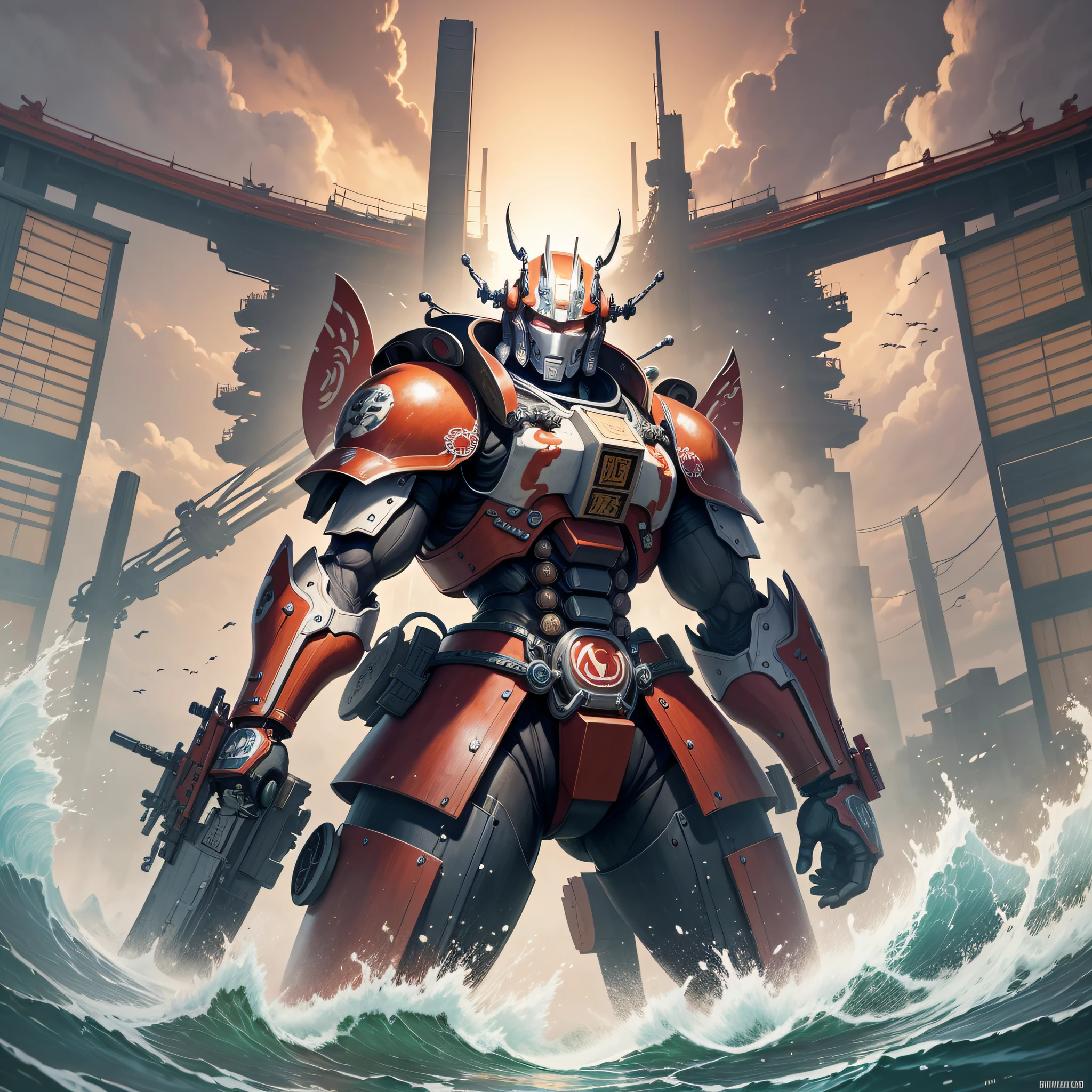 pintura ukiyo-e, giant mecha, old japan village, heroic --auto --s2
