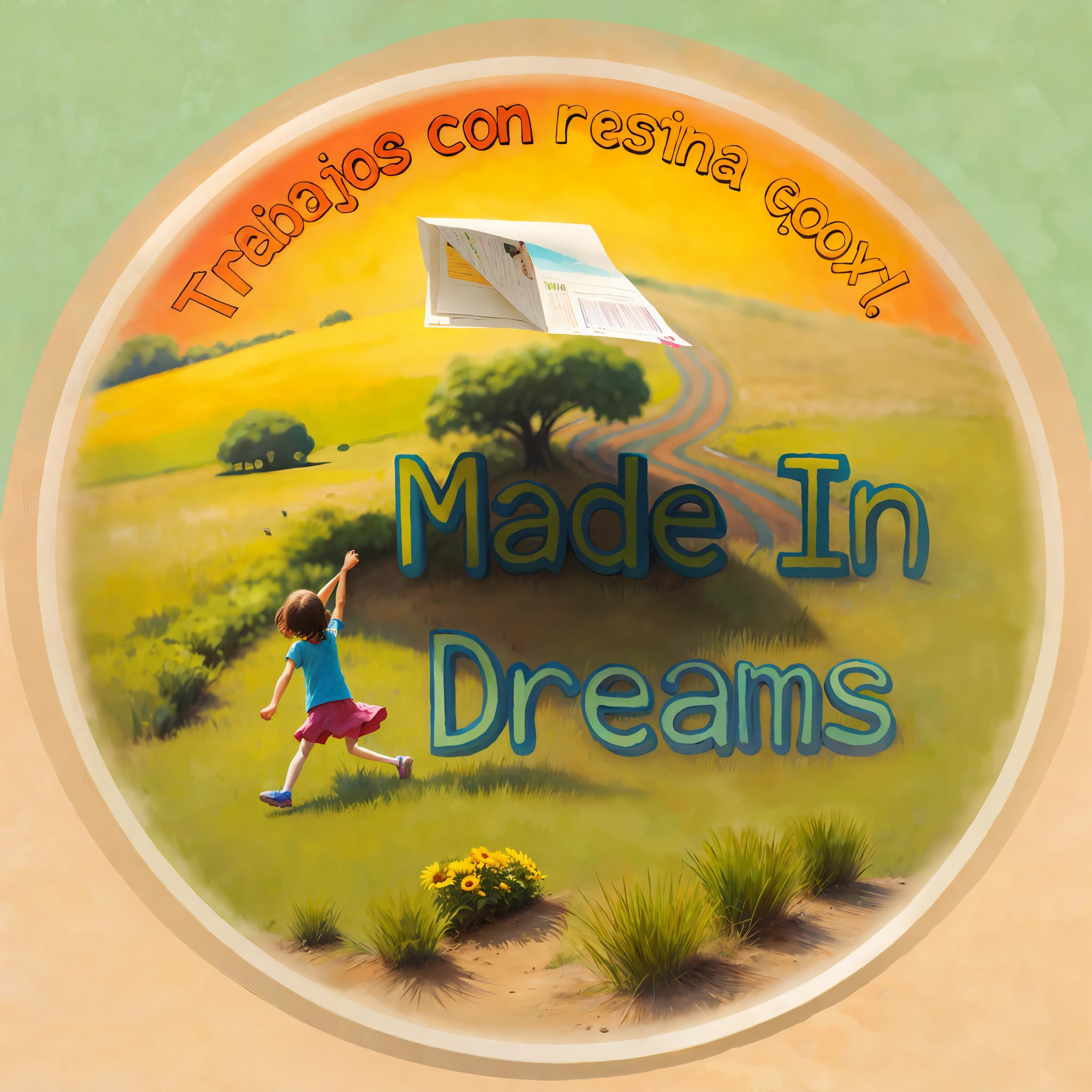 Poster making, Children's Day, in a country field, a little girl holding una cometa voladora, happy, happy