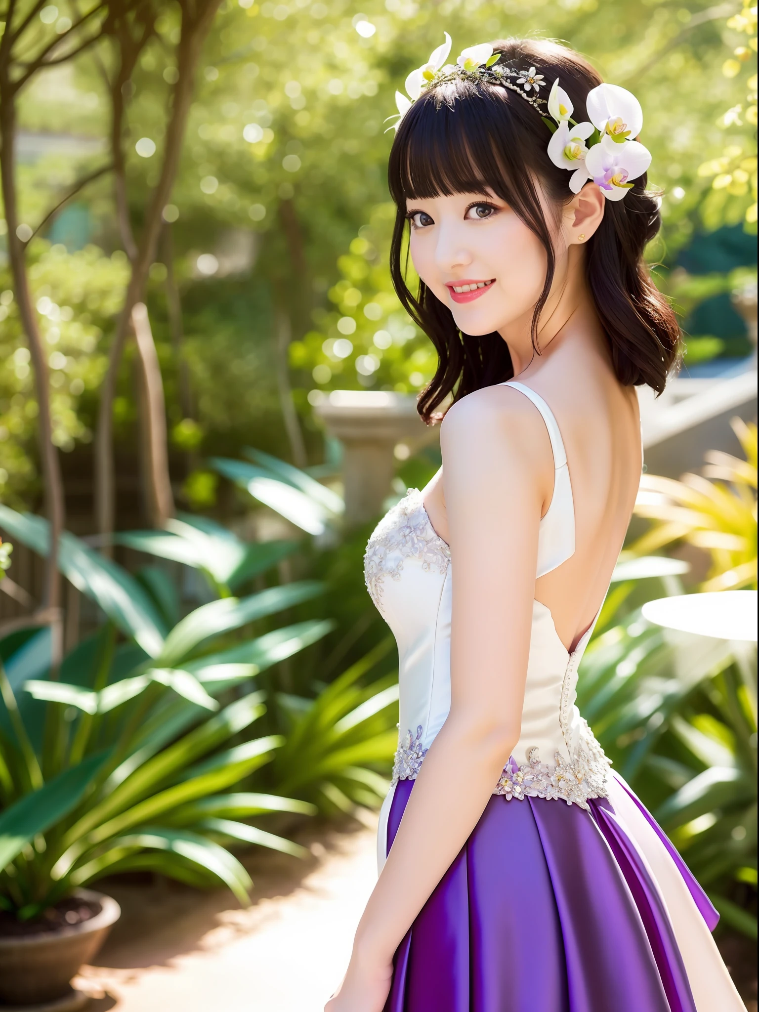 orchid wedding dress,purple short skirt,woman,japanese,cute face,pretty face,bare shoulders,shoulders slightly exposed,black eyes,black hair,(photorealistic:1.4),realistic details, high resolution,bokeh,outstanding details