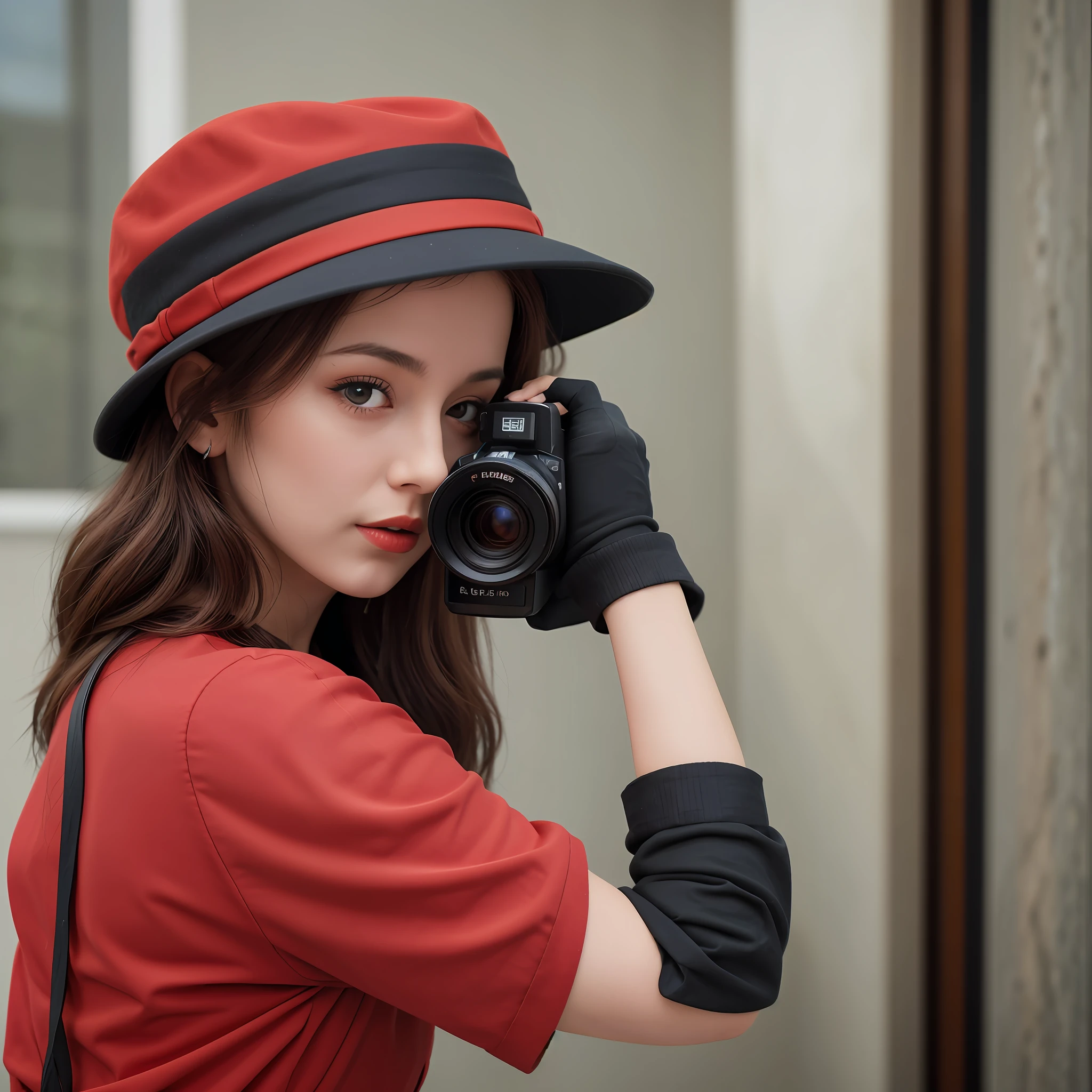 arafed woman in red shirt and hat taking a picture with a camera, female photography, photography portrait 4 k, dslr 5 0 mm portrait photo, photography portrait, photography style, 50 mm lens photo portrait, modeling photography, portrait shot, professional photography, photography hight quality, closeup portrait shot, photography 50mm f1.4, wearing a red outfit