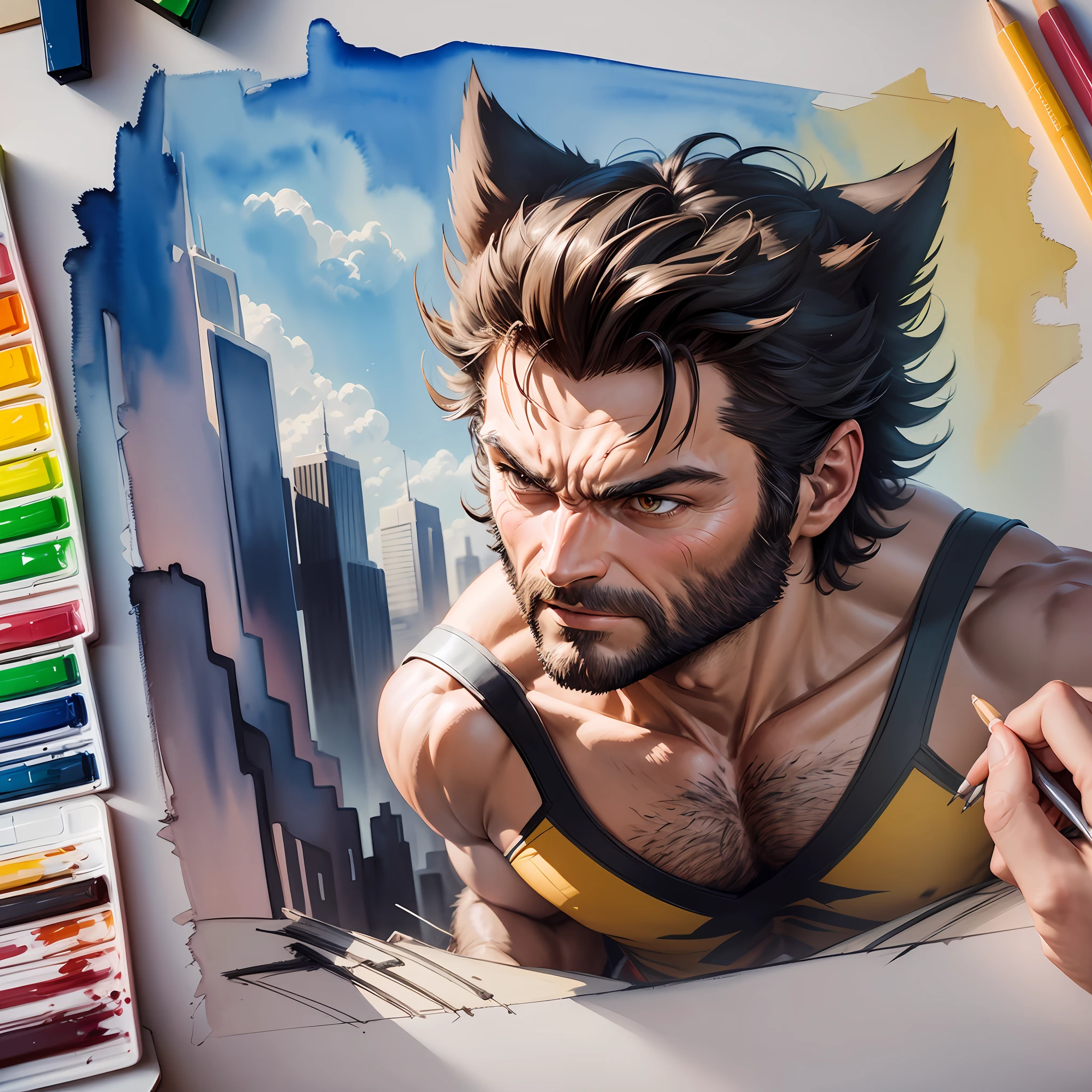 drawing of the superhero Wolverine in the style of a little child in the watercolor technique, softly colored, extremely detailed, 4k, looking forward on a beautiful sunny day, on top of a building --auto --s2