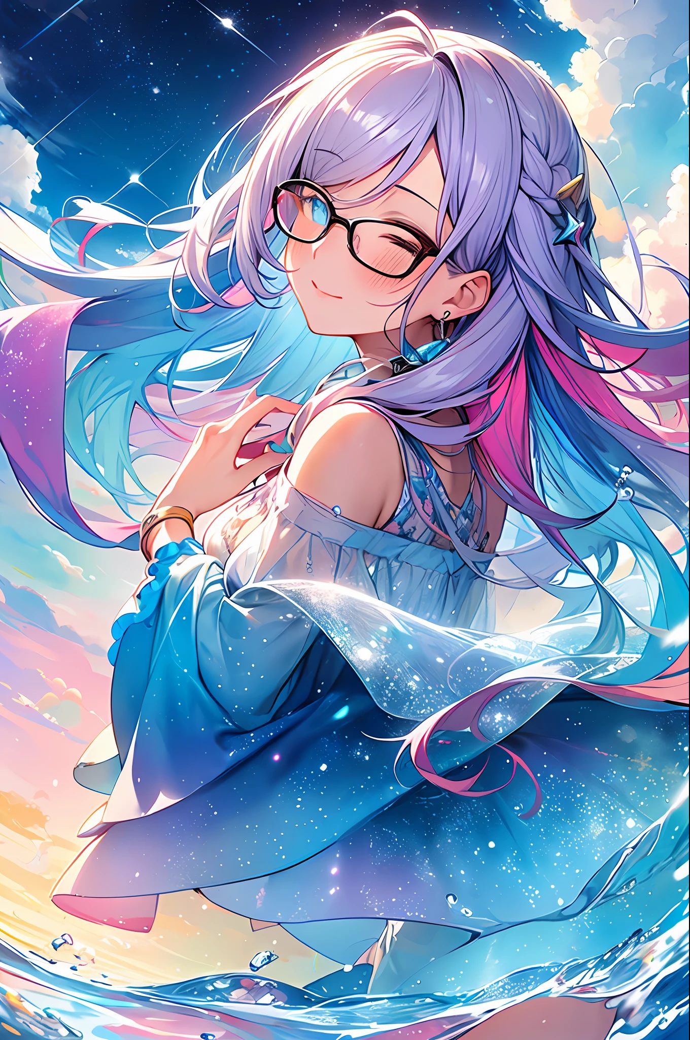 (Masterpiece, Top Quality, Best Quality, Watercolor (Medium), Official Art, Beautiful and Aesthetic: 1.2), (1 Girl: 1.3), (Fractal Art: 1.3), Upper Body, From the Side, Look at the Viewer, Pattern, (Iridescent Hair, Colorful Hair, Half Blue and Half Pink Hair: 1.2), Water, Liquid, Clouds, Colorful, Starry Sky, Stars, Smile, Glasses, Close-up, Heterochromia, (Colorful: 1.5), Eyes Closed, Blush, ((Kiss: 1.2))