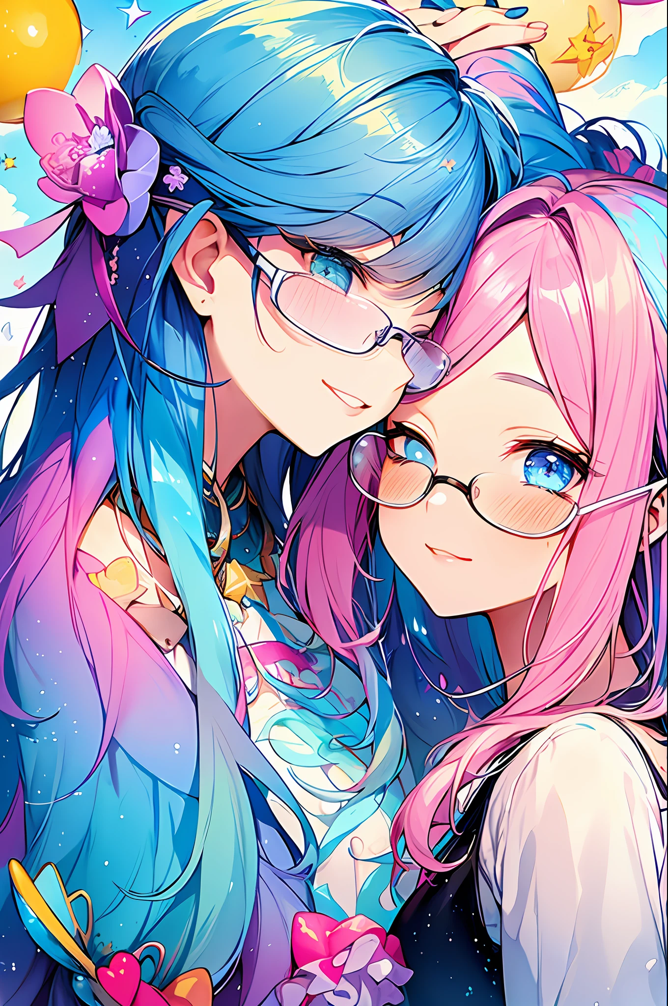 (Masterpiece, Top Quality, Best Quality, Watercolor (Medium), Official Art, Beautiful and Aesthetic: 1.2), (1 Girl: 1.3), (Fractal Art: 1.3), Upper Body, From the Side, Look at the Viewer, Pattern, (Iridescent Hair, Colorful Hair, Half Blue and Half Pink Hair: 1.2), Water, Liquid, Clouds, Colorful, Starry Sky, Stars, Smile, Glasses, Close-up, Heterochromia, (Colorful: 1.5), Eyes Closed, Blush, ((Kiss: 1.2))