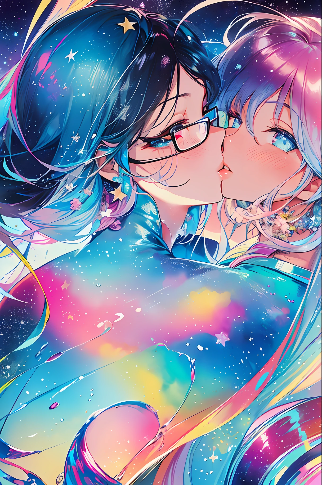 (Masterpiece, Top Quality, Best Quality, Watercolor (Medium), Official Art, Beautiful and Aesthetic: 1.2), (1 Girl: 1.3), (Fractal Art: 1.3), Upper Body, From the Side, Look at the Viewer, Pattern, (Iridescent Hair, Colorful Hair, Half Blue and Half Pink Hair: 1.2), Water, Liquid, Clouds, Colorful, Starry Sky, Stars, Smile, Glasses, Close-up, Heterochromia, (Colorful: 1.5), Eyes Closed, Blush, ((Kiss: 1.2))