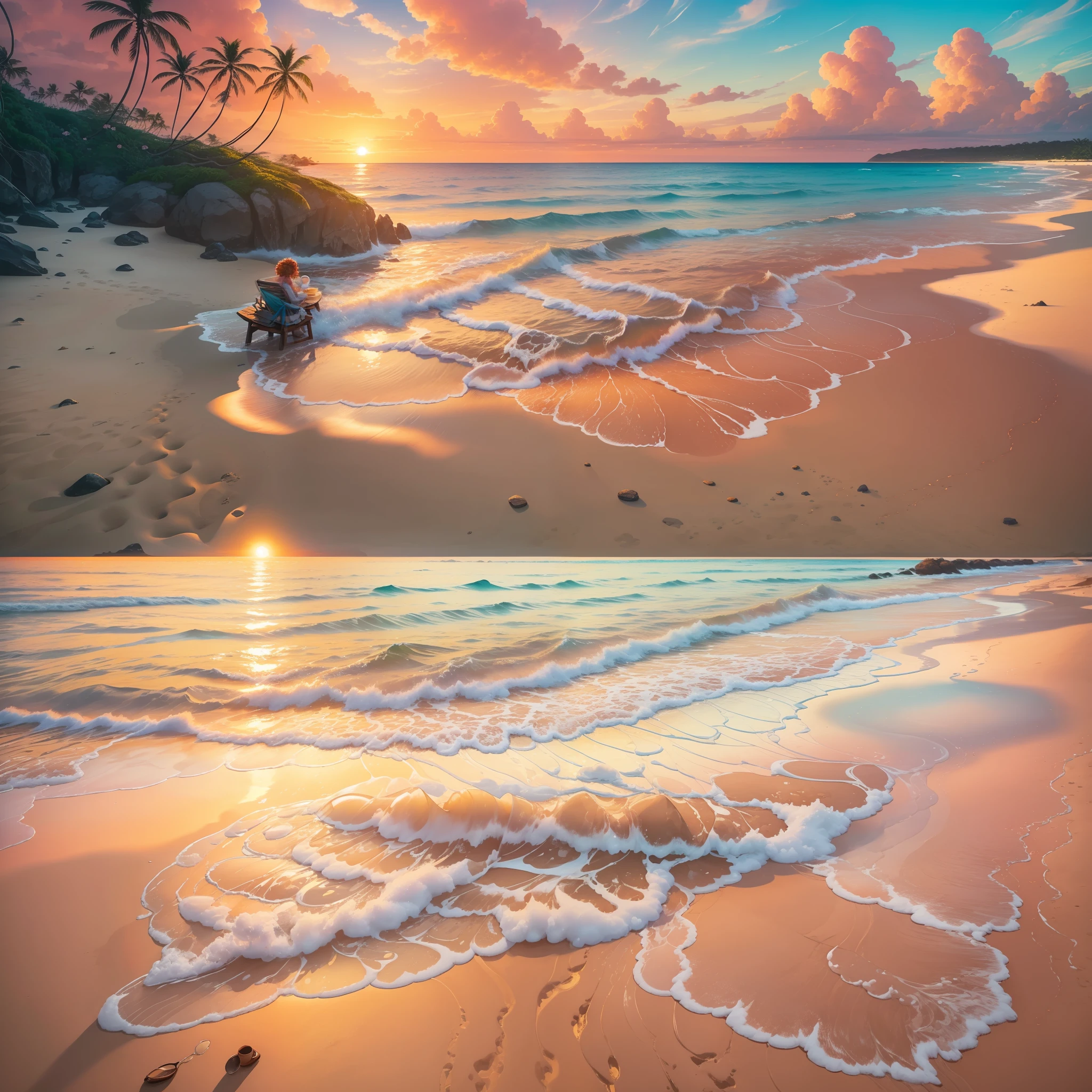 In the second image, a stunning landscape is revealed. We find ourselves on a secluded tropical beach, where the harmony between nature and tranquility is evident. The sun sets on the horizon, painting the sky with soft shades of pink and orange, reflecting in the crystal clear water of the sea. The soft white sand stretches out in front of us, inviting relaxation. A curly-haired woman is sitting on a beach chair, staring out at the sea, while holding a steaming cup of coffee in her hands. His facial expression conveys serenity and gratitude. The combination of the tranquil landscape, the crystal clear water and the presence of the woman enjoying a moment of tranquility with her hot drink conveys a deep sense of peace and contentment.