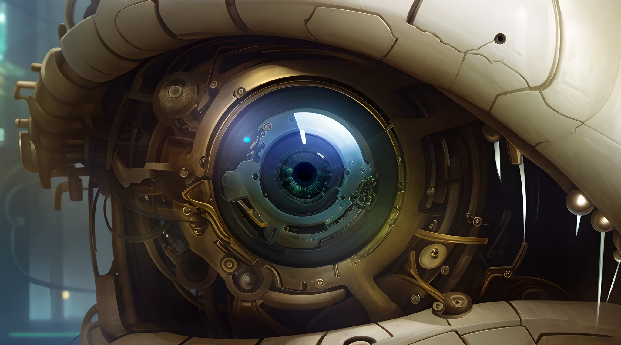 there is a close up of a sculpture of a fish's eye, robotic eye, eye cyberpunk bionics, beeple. hyperrealism, robot eye, beeple and jean giraud, one reptilian eye, hyperrealism. fantasy 4k, realism | beeple, cybernetic eye, steampunk eye, glowing mechanical eye