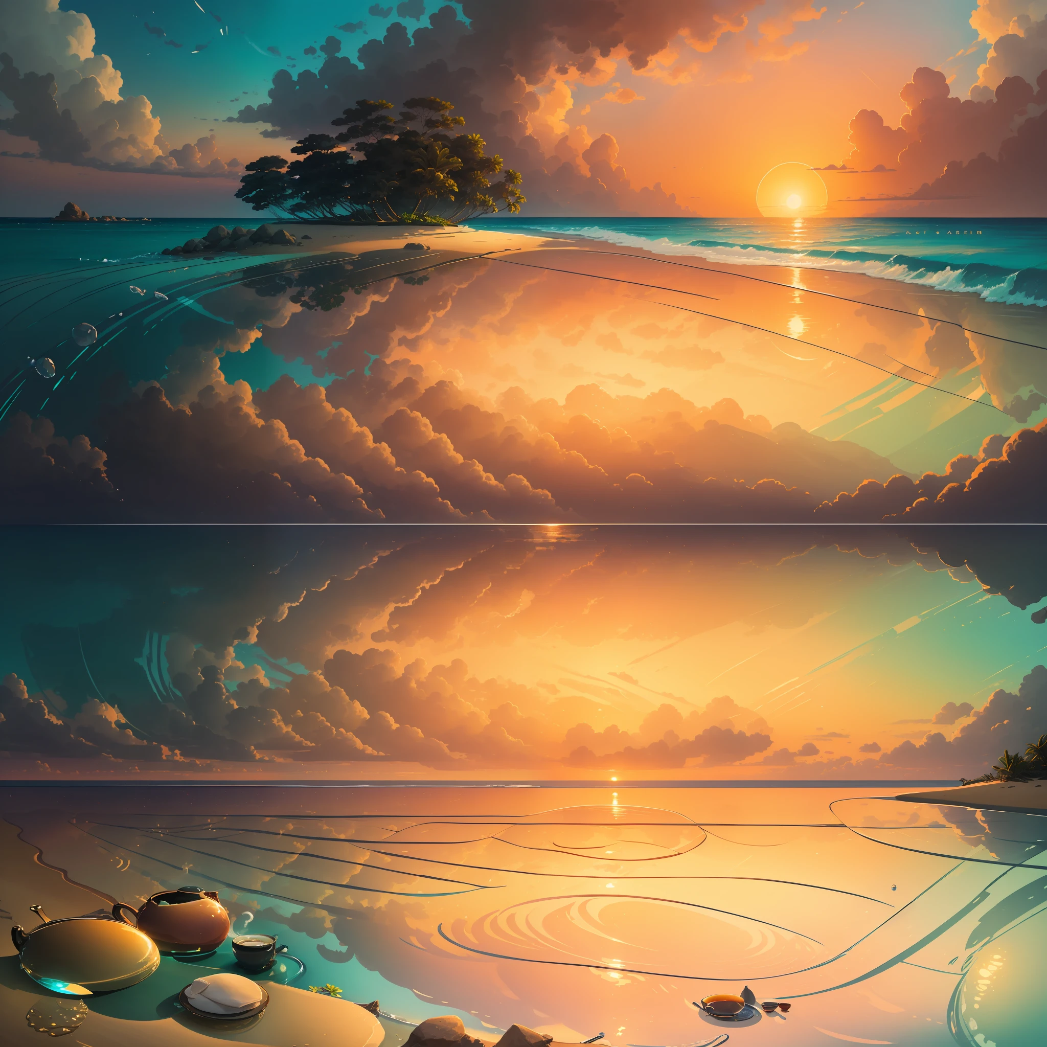 In the second image, a stunning landscape is revealed. We find ourselves on a secluded tropical beach, where the harmony between nature and tranquility is evident. The sun sets on the horizon, painting the sky with soft shades of pink and orange, reflecting in the crystal clear water of the sea. The soft white sand stretches out in front of us, inviting relaxation. A curly-haired woman is sitting on a beach chair, staring out at the sea, while holding a steaming cup of coffee in her hands. His facial expression conveys serenity and gratitude. The combination of the tranquil landscape, the crystal clear water and the presence of the woman enjoying a moment of tranquility with her hot drink conveys a deep sense of peace and contentment.