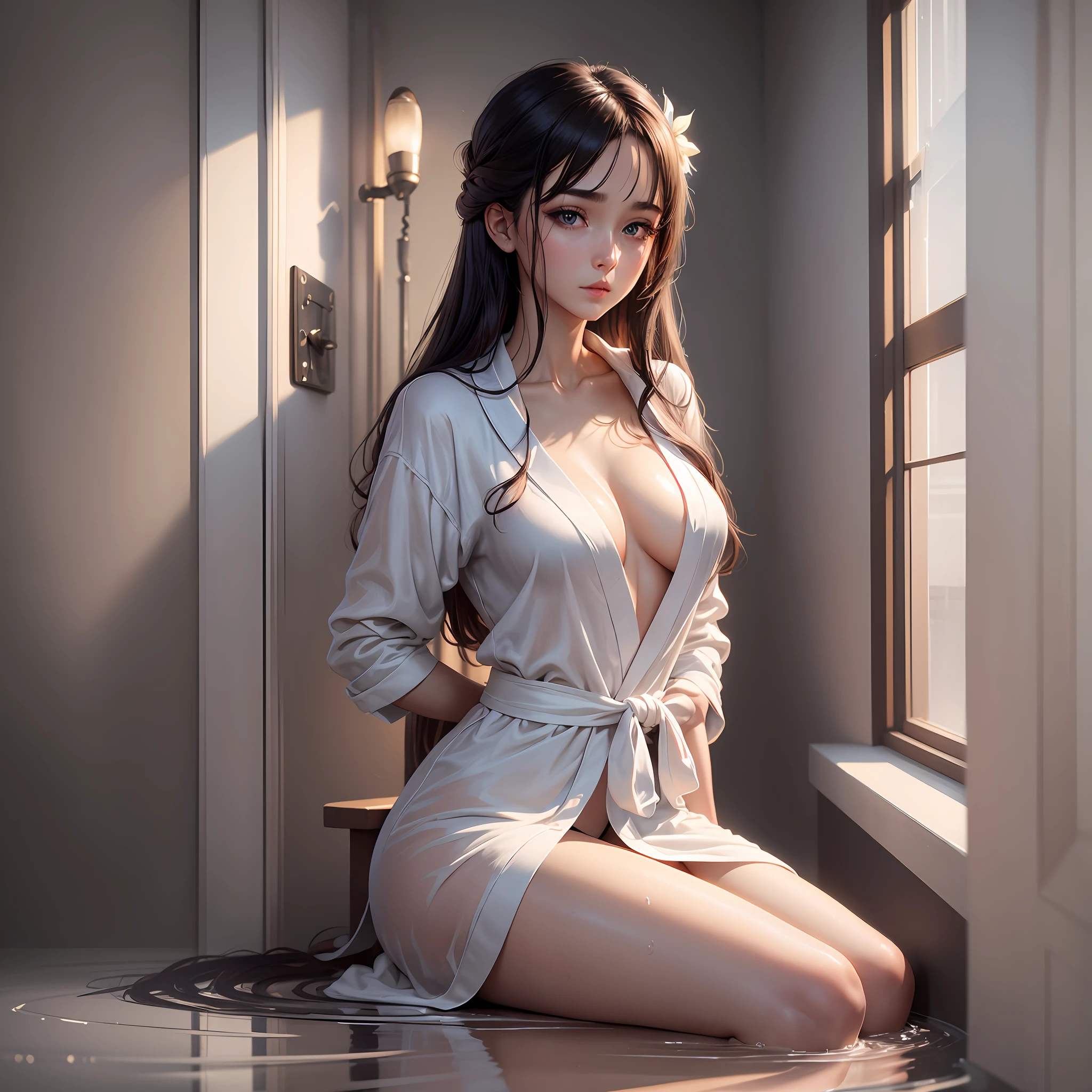 Masterpiece, best quality, high quality, very detailed CG uniform 8k wallpaper, beautiful and generous 23 year old girl, delicate collarbone, bathroom, bathrobe, wet, high detail, dramatic, art midway --auto --s2