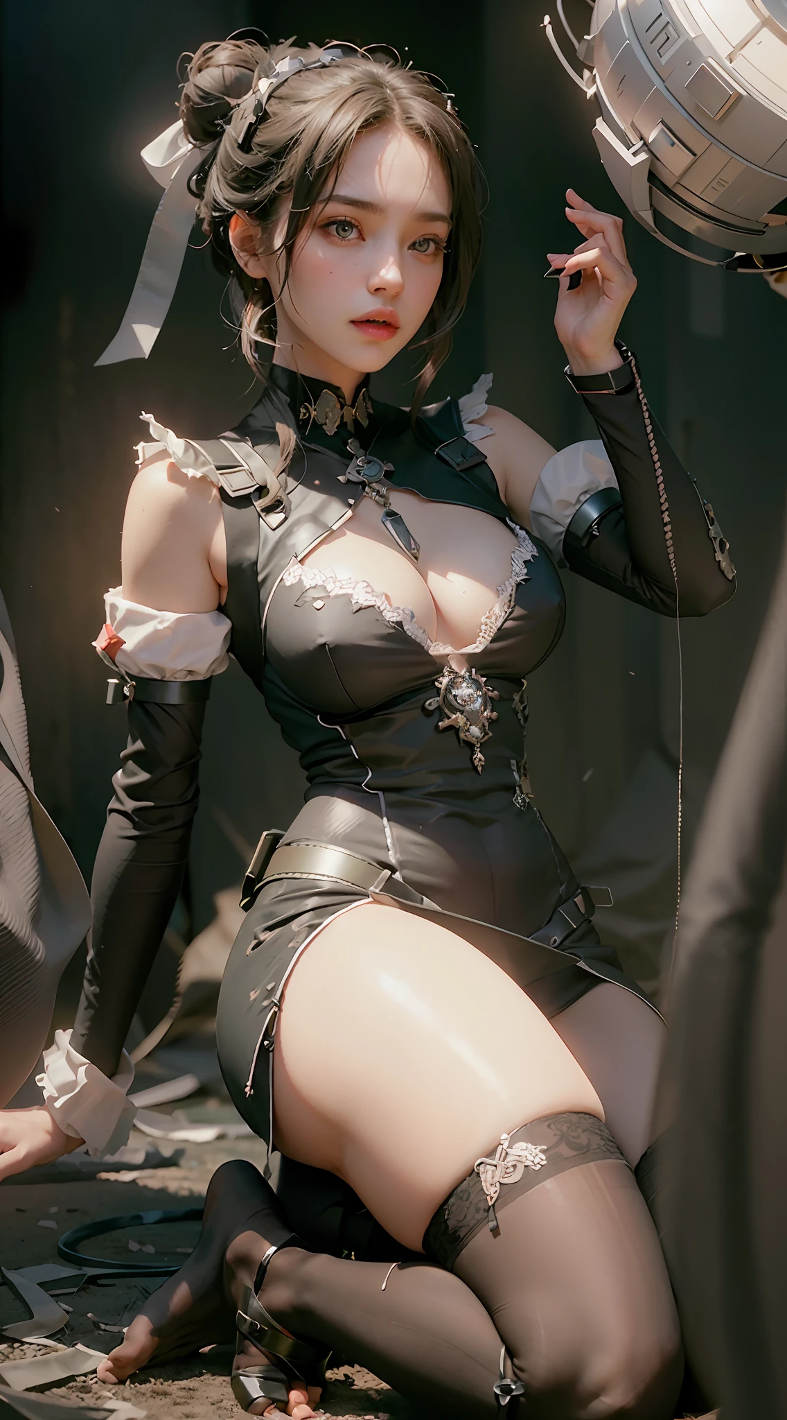 ((Best Quality)), ((Masterpiece)), (Details: 1.4), 3D, A Beautiful Modern Beauty, (Black Gauze Dress: 1.9), (A Bun: 1.7), (No Shoes: 1.1), (Black Stockings Long Legs: 1.7), (Black Stocking Feet: 1.4), HDR (High Dynamic Range), Ray Tracing, NVIDIA RTX, Super-Resolution, Unreal 5, Subsurface Scattering, PBR Textures, Post-processing, anisotropic filtering, depth of field, maximum sharpness and sharpness, multi-layer textures, albedo and highlight mapping, surface shading, accurate simulation of light-material interactions, perfect proportions, Octane Render, two-color light, large aperture, low ISO, white balance, rule of thirds, 8K RAW,