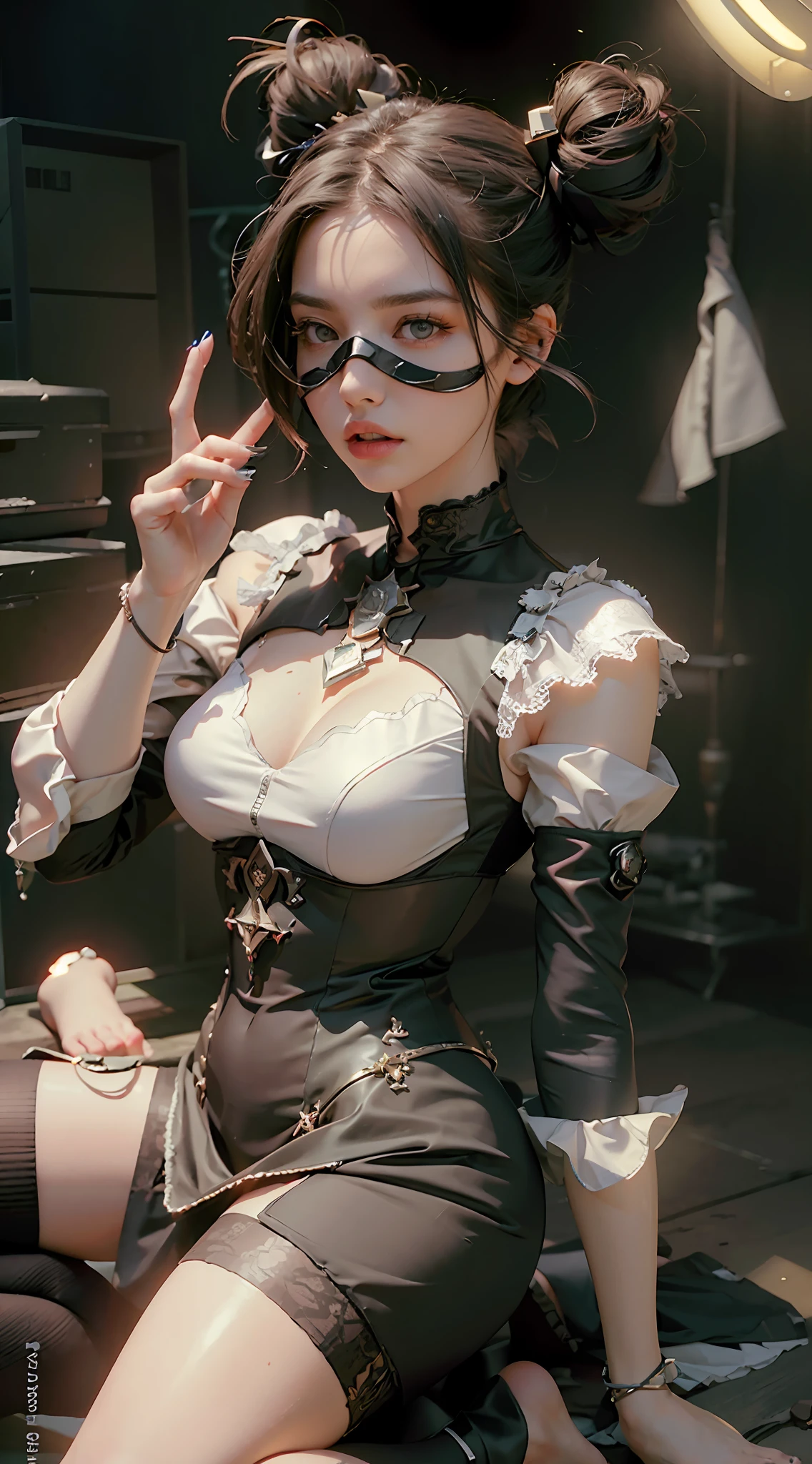 ((Best Quality)), ((Masterpiece)), (Details: 1.4), 3D, A Beautiful Modern Beauty, (Black Gauze Dress: 1.9), (A Bun: 1.7), (No Shoes: 1.1), (Black Stockings Long Legs: 1.7), (Black Stocking Feet: 1.4), HDR (High Dynamic Range), Ray Tracing, NVIDIA RTX, Super-Resolution, Unreal 5, Subsurface Scattering, PBR Textures, Post-processing, anisotropic filtering, depth of field, maximum sharpness and sharpness, multi-layer textures, albedo and highlight mapping, surface shading, accurate simulation of light-material interactions, perfect proportions, Octane Render, two-color light, large aperture, low ISO, white balance, rule of thirds, 8K RAW,