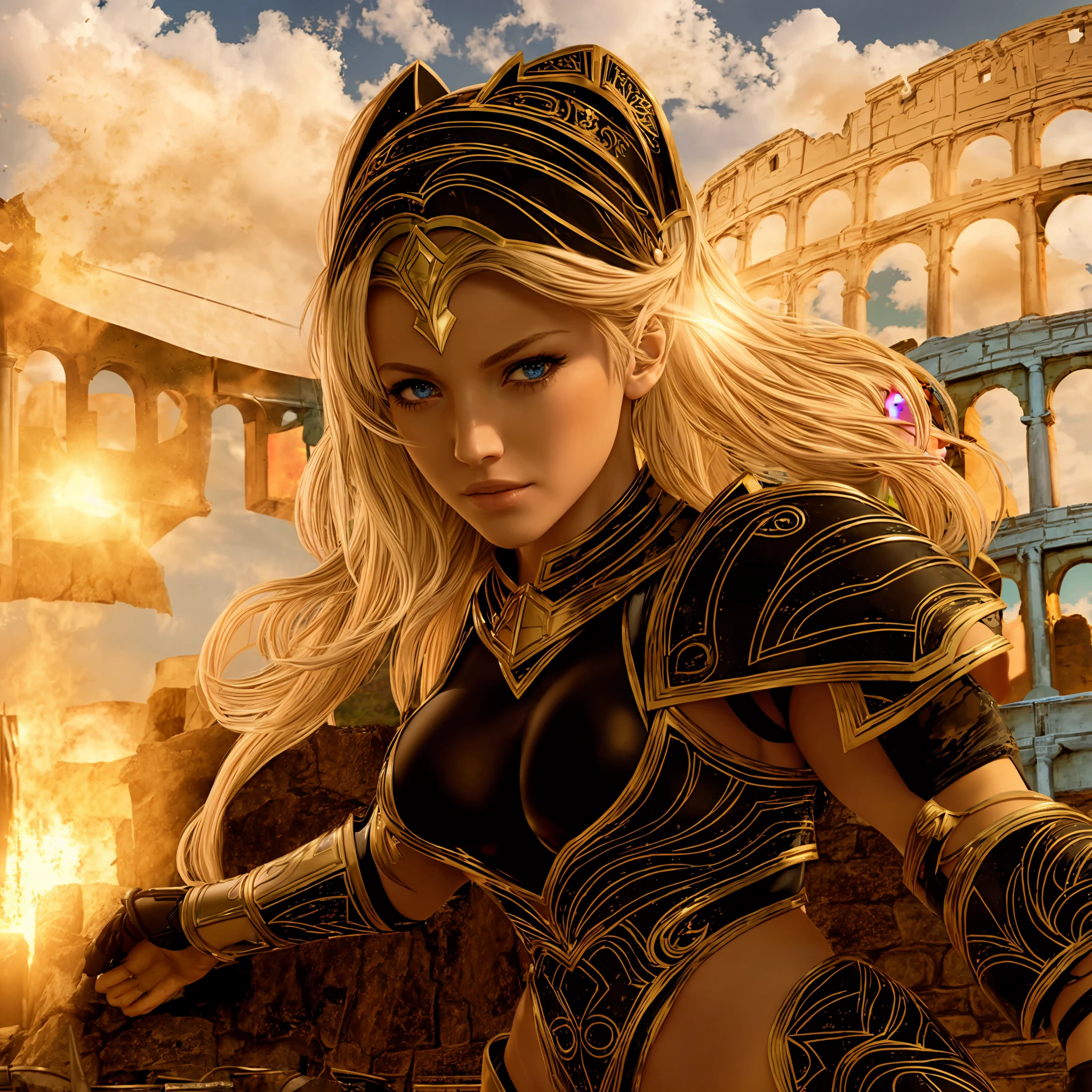 one female gladiator, blue eyes, blond hair, fair skin, amazingly gorgeous, stern and determined, tall and slender, abs, a pair of long perfect legs, ((black bikini armor with golden borders)), raising a sword, ready for fatal battle, dynamic pose, in arena of colosseum full of enthusiastic audience, many blood stains on arena, windy midday, epic fantasy art, Super accurate and ultra-precise beautiful hand depiction, photorealistic, super high quality, super detail, masterpiece, 4k, 8k, HDR