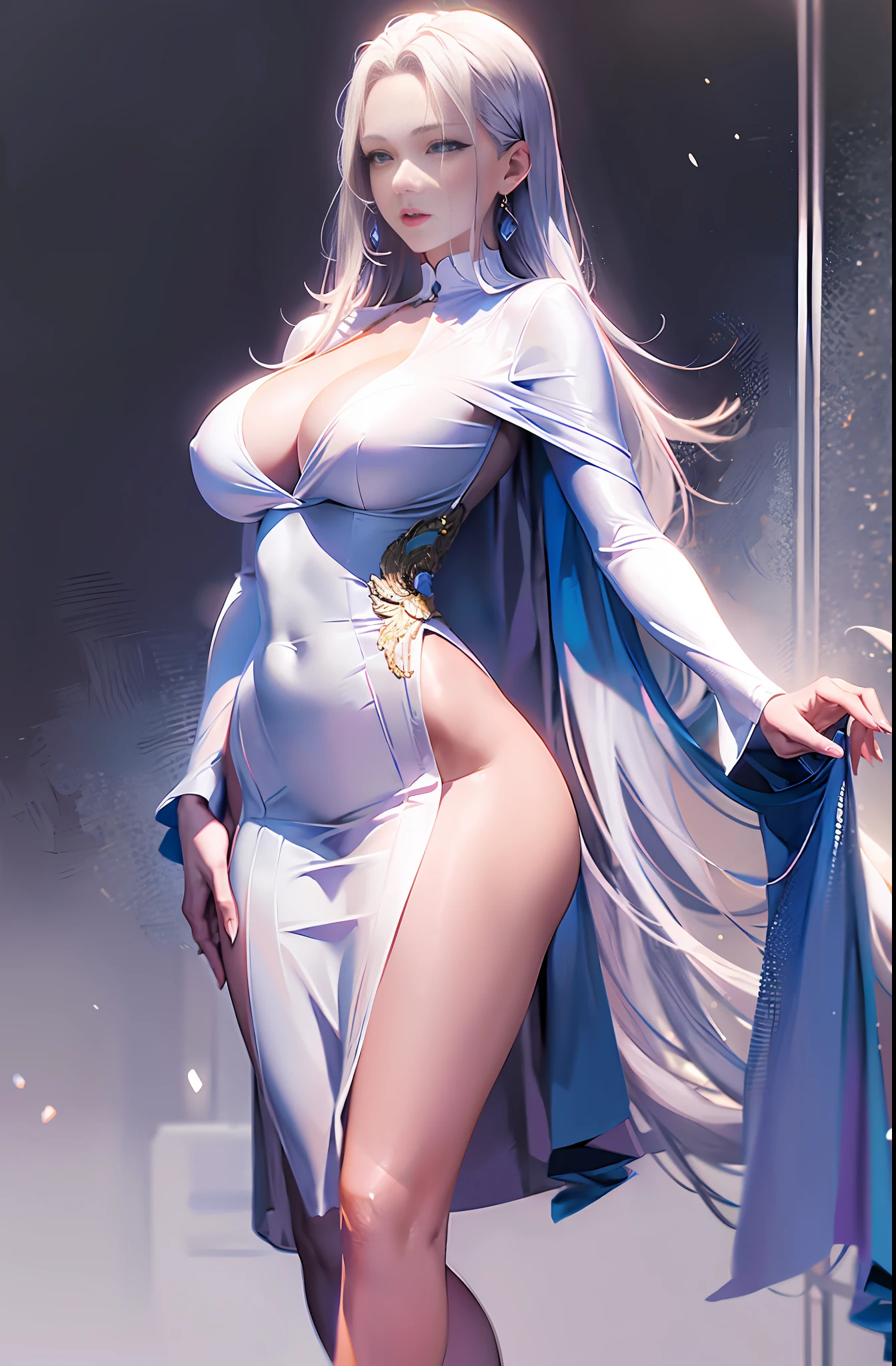Master anime work, impeccable masterpiece, a sexy mature modern woman standing on a pure white background in sexy modern professional clothing, flowing silver hair, full body standing, slender legs, straight breasts, detailed face details, natural and beautiful standing, vivid and real body details, perfect abdomen