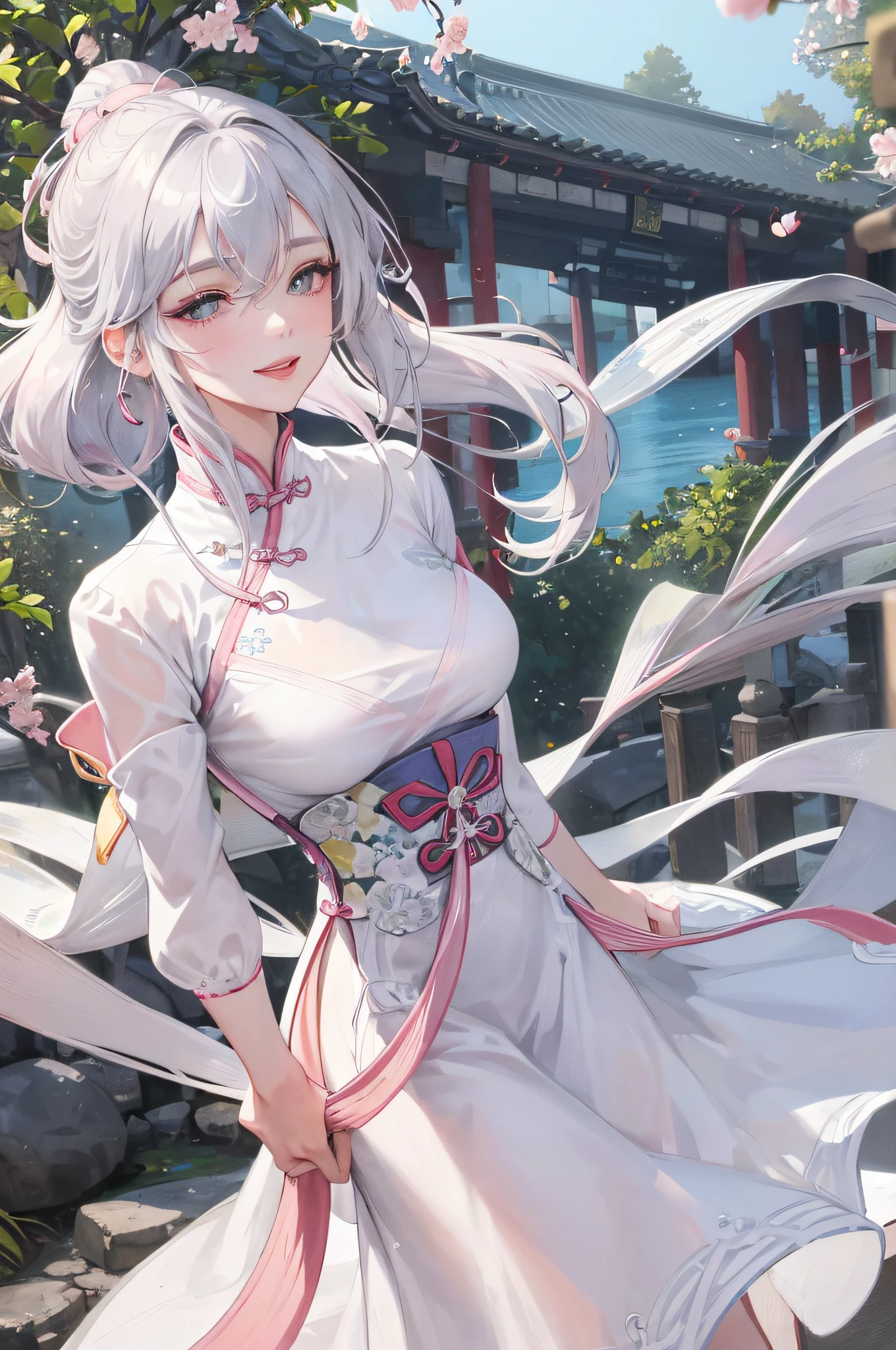 masterpiece, exquisite, daytime, outdoor, festival, celebration, 1 woman, solo, mature woman, mature, Chinese style, ancient China, sister, happy, smile, woman with long silver white hair, gray-blue eyes, restrained hair, bangs, pink peach blossoms on top of the head, light pink lips, white coat,