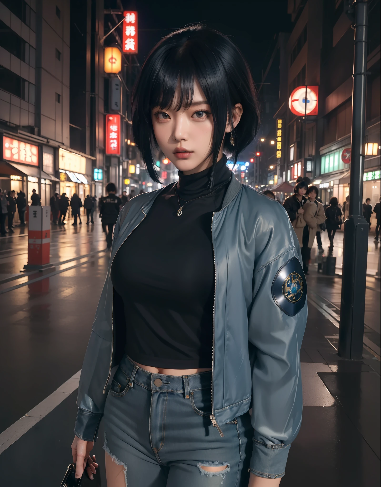 (masterpiece), ((high details)), (high detail face), intricate detail, depth of field, backlighting, award winning, high quality, best quality, 8k, Motoko Kusanagi, (inverted bob hair:1.3), short dark blue hair, ponytail, cyberpunk jacket, black short denim, outside, street, Tokyo, night, standing, looking at the viewer