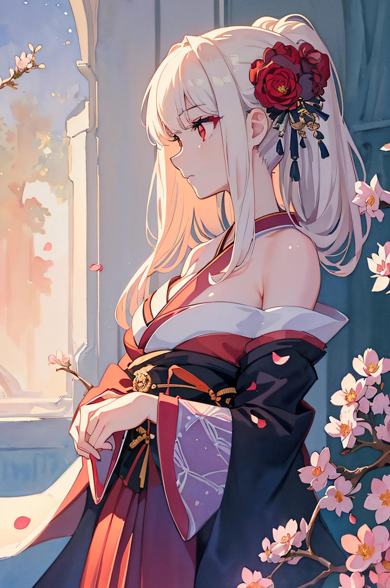 (masterpiece:1.2, best quality), (exquisite eyes: 1.2), ((1girl)), ((solo)), (red eyes:1.4), (exquisite eyes and exquisite face:1.3), ( beautiful and clear background: 1.2), (extremely detailed CG, super detailed, best shadows: 1.1), ((depth of field)), ((watercolor)), (oni: 1.5), (kimono: 1.3), big boobs , Bare Shoulders, Flowers and Petals, Beautiful Concept Art, (White Background: 0.5), (Illustration: 1.1), (Extremely Delicate: 1.1), (Perfect Details: 1.1), Profile, Cowboy Shot,