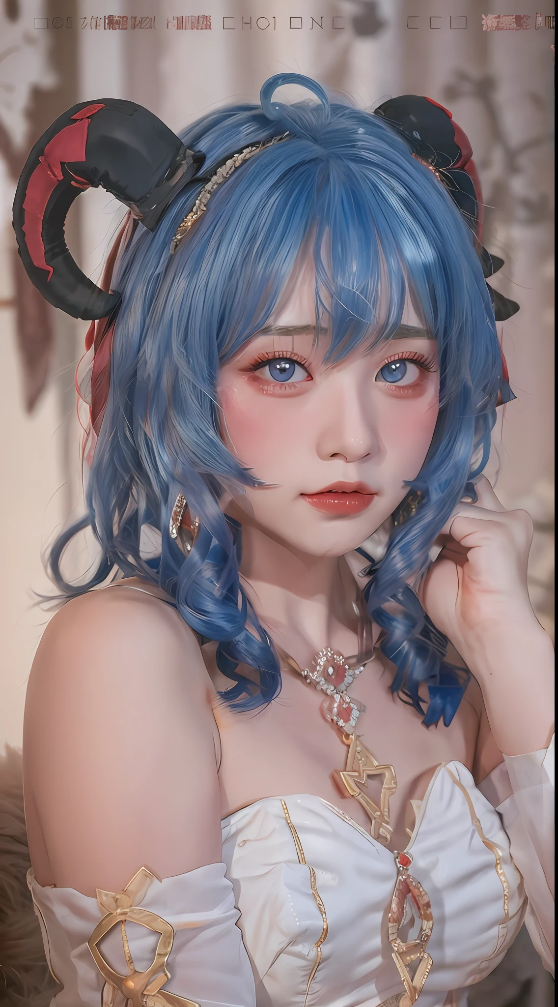 1 girl, masterpiece, sitting, looking at the audience, goat horns, necklace, realistic, blush, blue eyes, beautiful eyes, red cheongsam