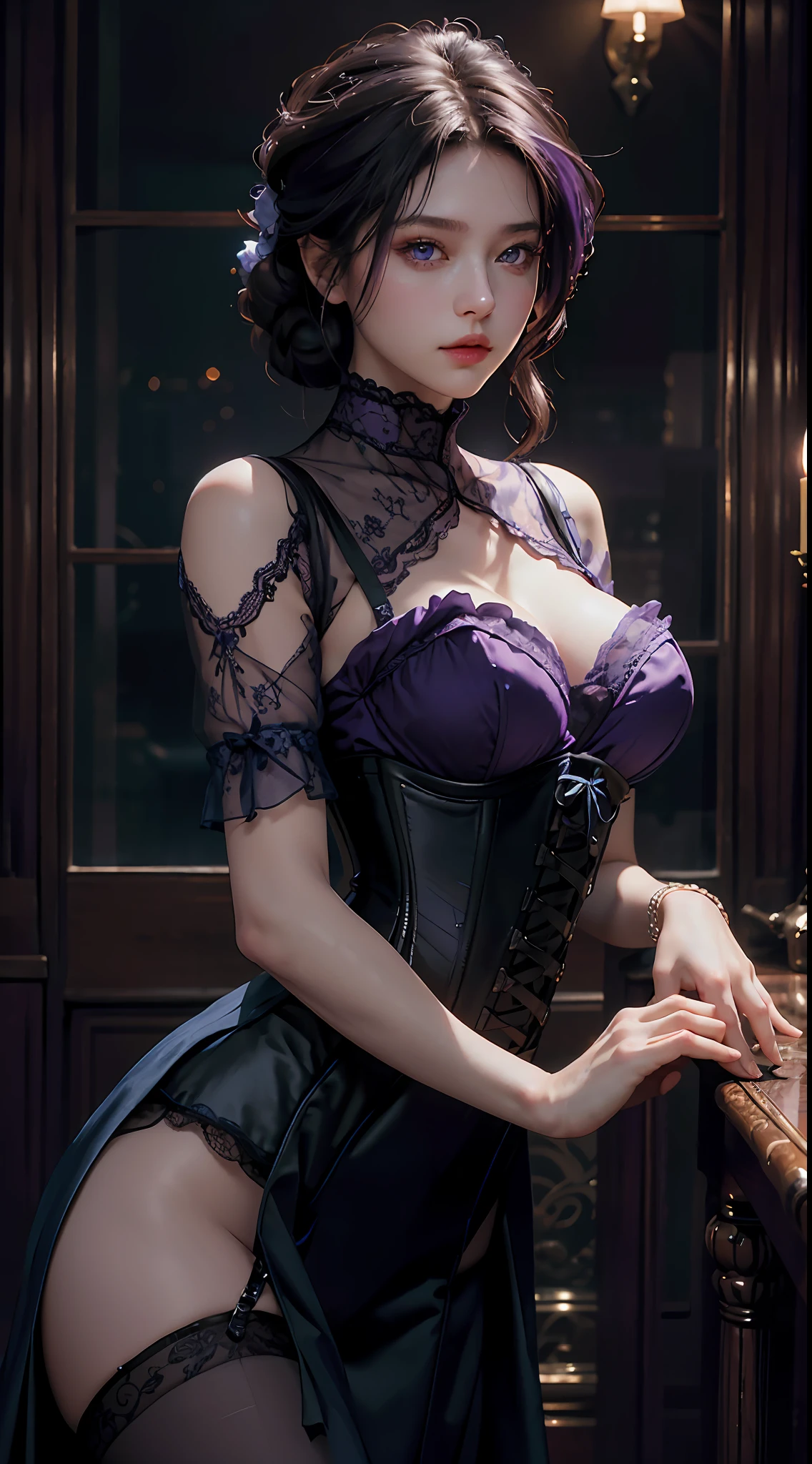 Best Quality, Masterpiece, Ultra High Resolution, (Realisticity: 1.4), Original Photo, 1girl, Mature, (Purple Eyes) (Blue Lace Corset 1.4), Film Lighting