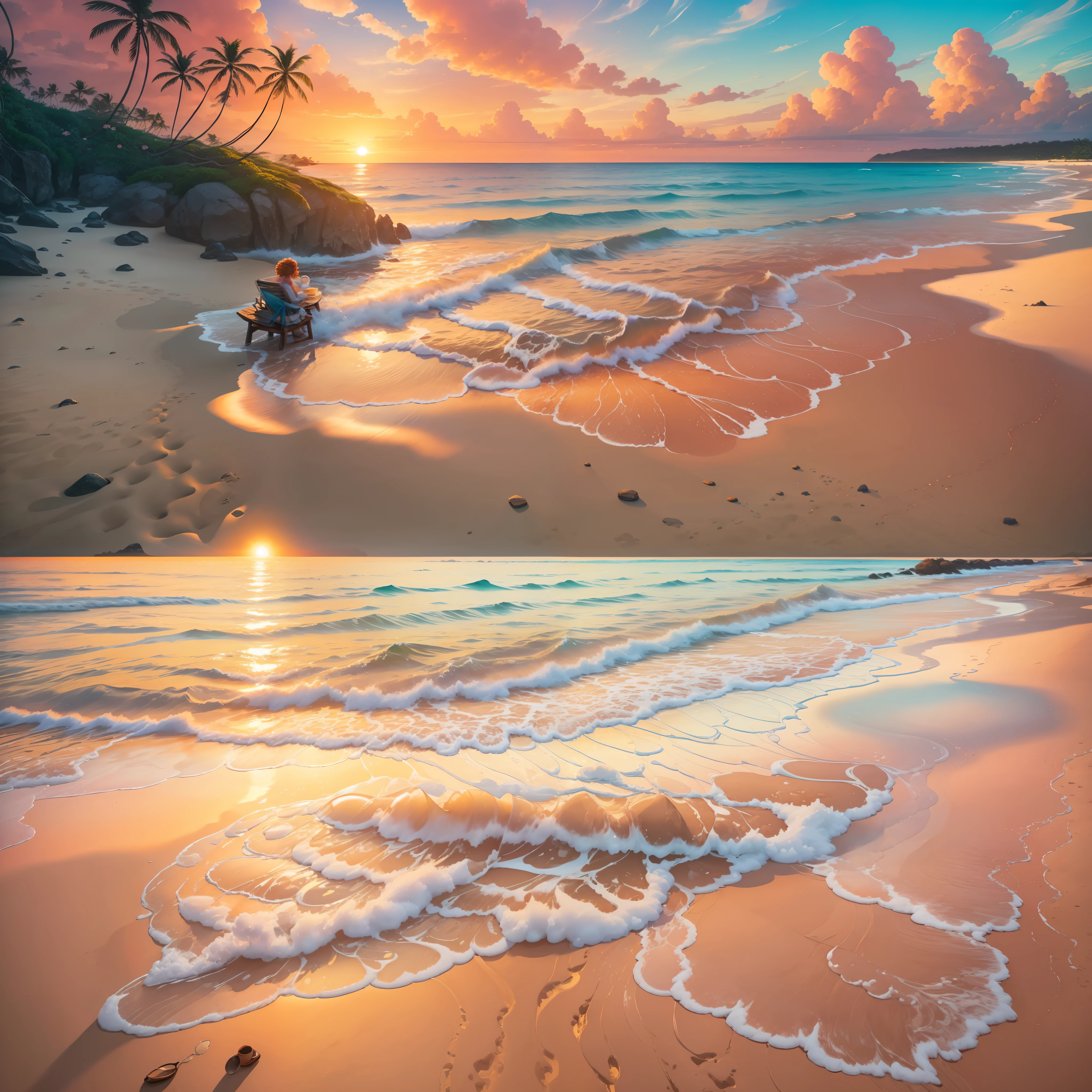 In the second image, a stunning landscape is revealed. We find ourselves on a secluded tropical beach, where the harmony between nature and tranquility is evident. The sun sets on the horizon, painting the sky with soft shades of pink and orange, reflecting in the crystal clear water of the sea. The soft white sand stretches out in front of us, inviting relaxation. A curly-haired woman is sitting on a beach chair, staring out at the sea, while holding a steaming cup of coffee in her hands. His facial expression conveys serenity and gratitude. The combination of the tranquil landscape, the crystal clear water and the presence of the woman enjoying a moment of tranquility with her hot drink conveys a deep sense of peace and contentment.