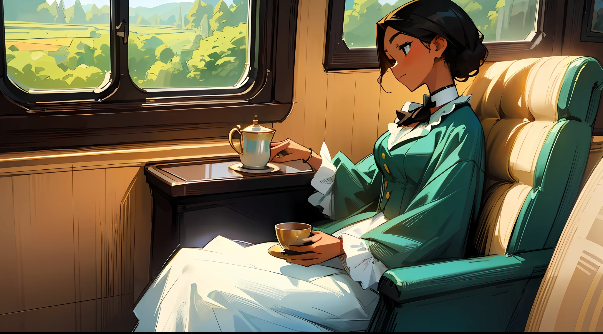 a beautiful well dressed black woman holding a cup of hot tea in a victorian era first class train cabin and looking out over the beautiful woodland scenery on a summer day as she travels to her destination, 2d anime style --auto --s2
