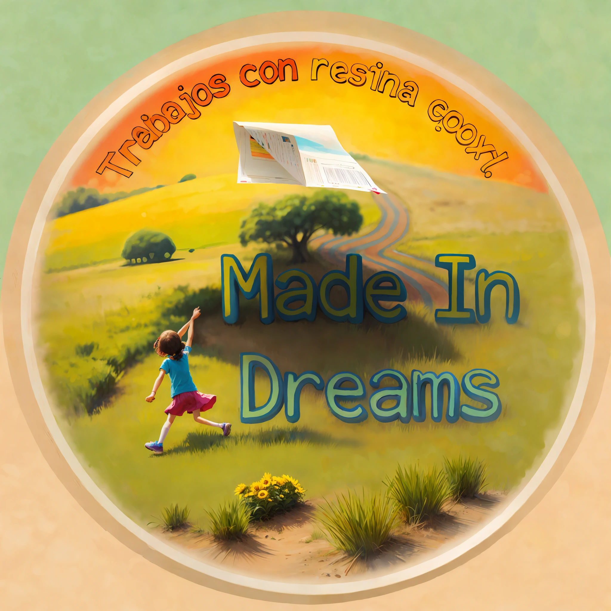 Poster making, Children's Day, in a country field, a little girl holding una cometa voladora, happy, happy