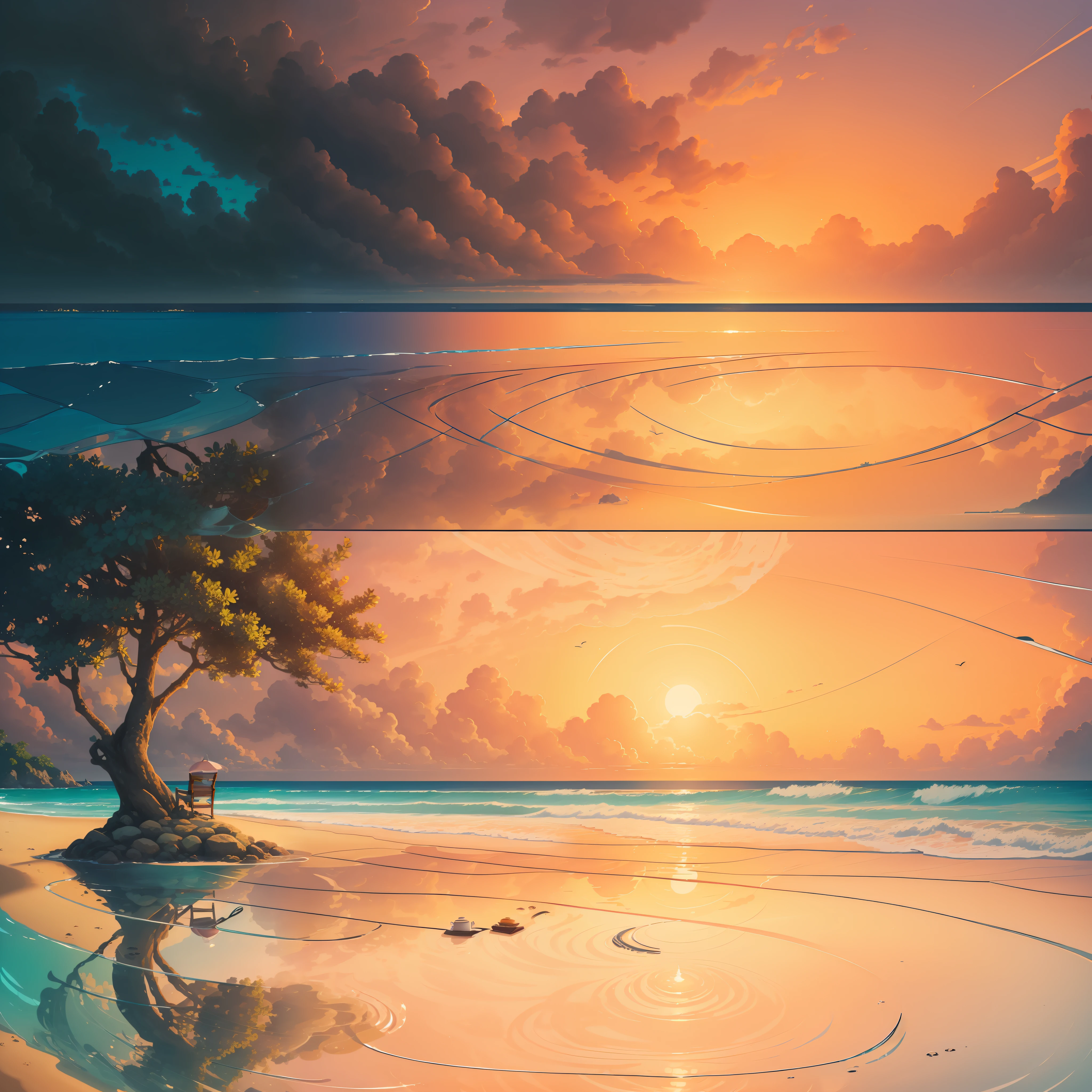 In the second image, a stunning landscape is revealed. We find ourselves on a secluded tropical beach, where the harmony between nature and tranquility is evident. The sun sets on the horizon, painting the sky with soft shades of pink and orange, reflecting in the crystal clear water of the sea. The soft white sand stretches out in front of us, inviting relaxation. A curly-haired woman is sitting on a beach chair, staring out at the sea, while holding a steaming cup of coffee in her hands. His facial expression conveys serenity and gratitude. The combination of the tranquil landscape, the crystal clear water and the presence of the woman enjoying a moment of tranquility with her hot drink conveys a deep sense of peace and contentment.