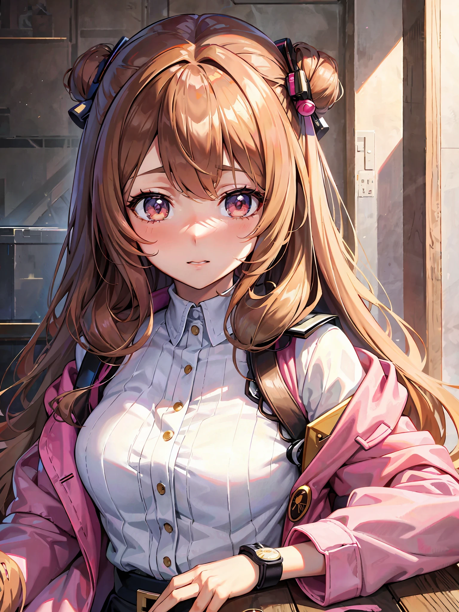 anime girl with long brown hair wearing a pink coat and a white shirt, kawaii realistic portrait, portrait anime girl, marin kitagawa fanart, smooth anime cg art, portrait of an anime girl, high detailed official artwork, cute anime girl portrait, fine details. girls frontline, detailed portrait of anime girl, beautiful anime portrait, anime visual of a cute girl