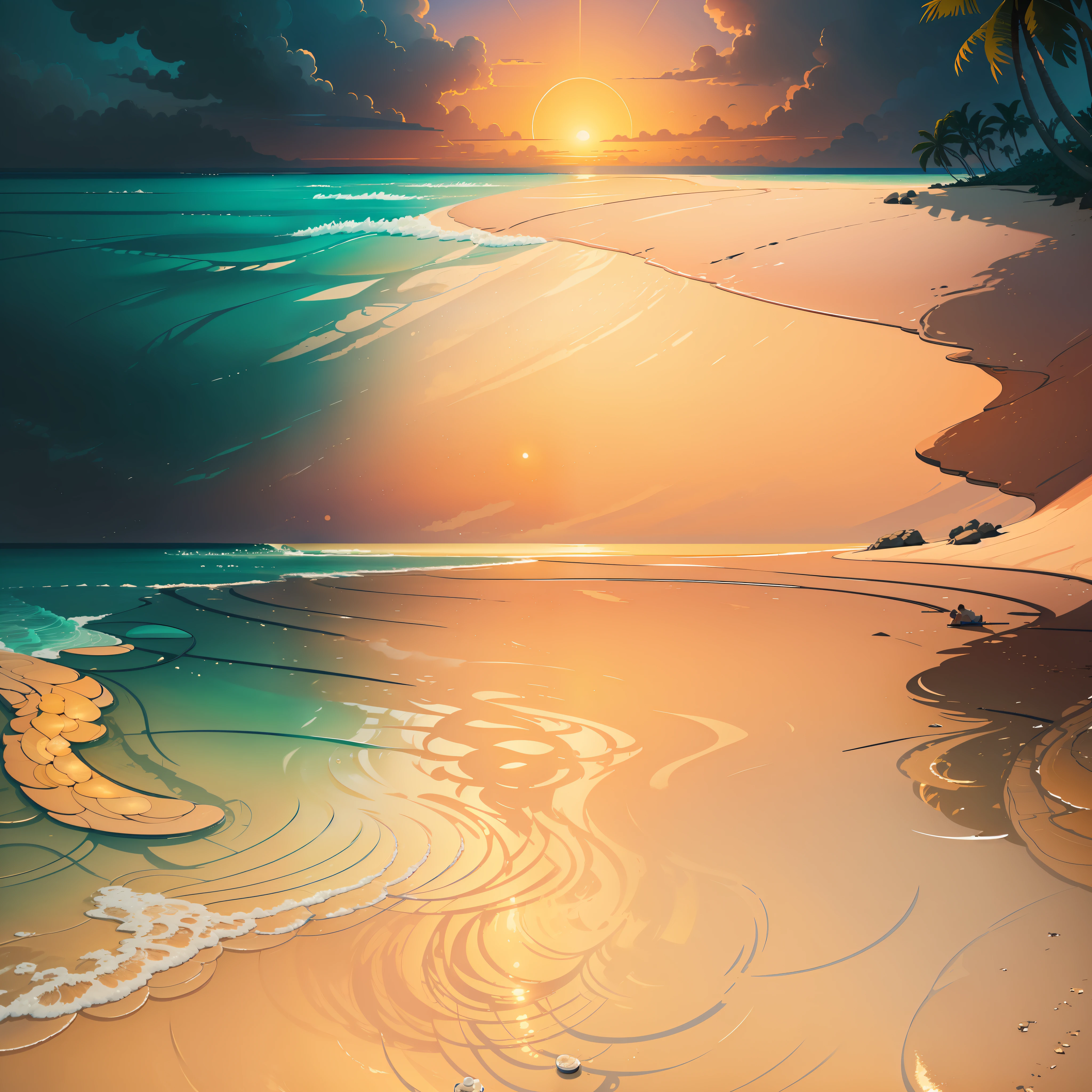 In the second image, a stunning landscape is revealed. We find ourselves on a secluded tropical beach, where the harmony between nature and tranquility is evident. The sun sets on the horizon, painting the sky with soft shades of pink and orange, reflecting in the crystal clear water of the sea. The soft white sand stretches out in front of us, inviting relaxation. A curly-haired woman is sitting on a beach chair, staring out at the sea, while holding a steaming cup of coffee in her hands. His facial expression conveys serenity and gratitude. The combination of the tranquil landscape, the crystal clear water and the presence of the woman enjoying a moment of tranquility with her hot drink conveys a deep sense of peace and contentment.