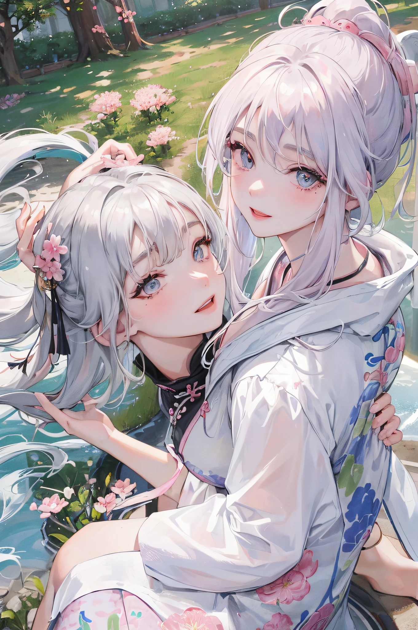 Masterpiece, Exquisite, Daytime, Outdoor, Festival, Celebration, 1 Woman, Individual,, Chinese Style, Ancient China, Sisters, Happy, Smile, Woman with Long Silver-White Hair, Gray-blue Eyes, Restrained Hair, Bangs, Pink Peach Blossom on the Top of the Head, Light Pink Lips, White Coat,