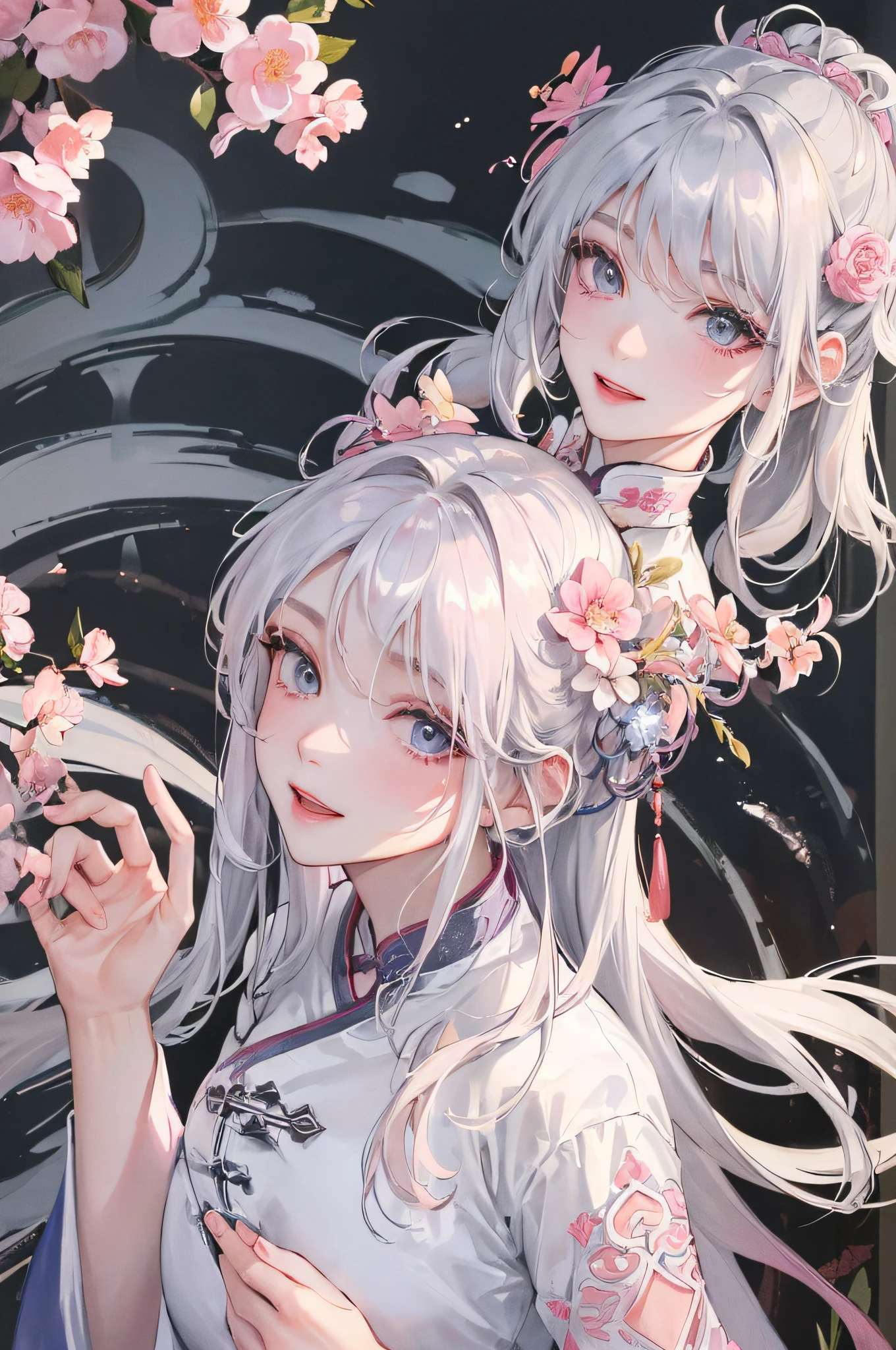 Masterpiece, Exquisite, Daytime, Outdoor, Festival, Celebration, 1 Woman, Individual,, Chinese Style, Ancient China, Sisters, Happy, Smile, Woman with Long Silver-White Hair, Gray-blue Eyes, Restrained Hair, Bangs, Pink Peach Blossom on the Top of the Head, Light Pink Lips, White Coat,
