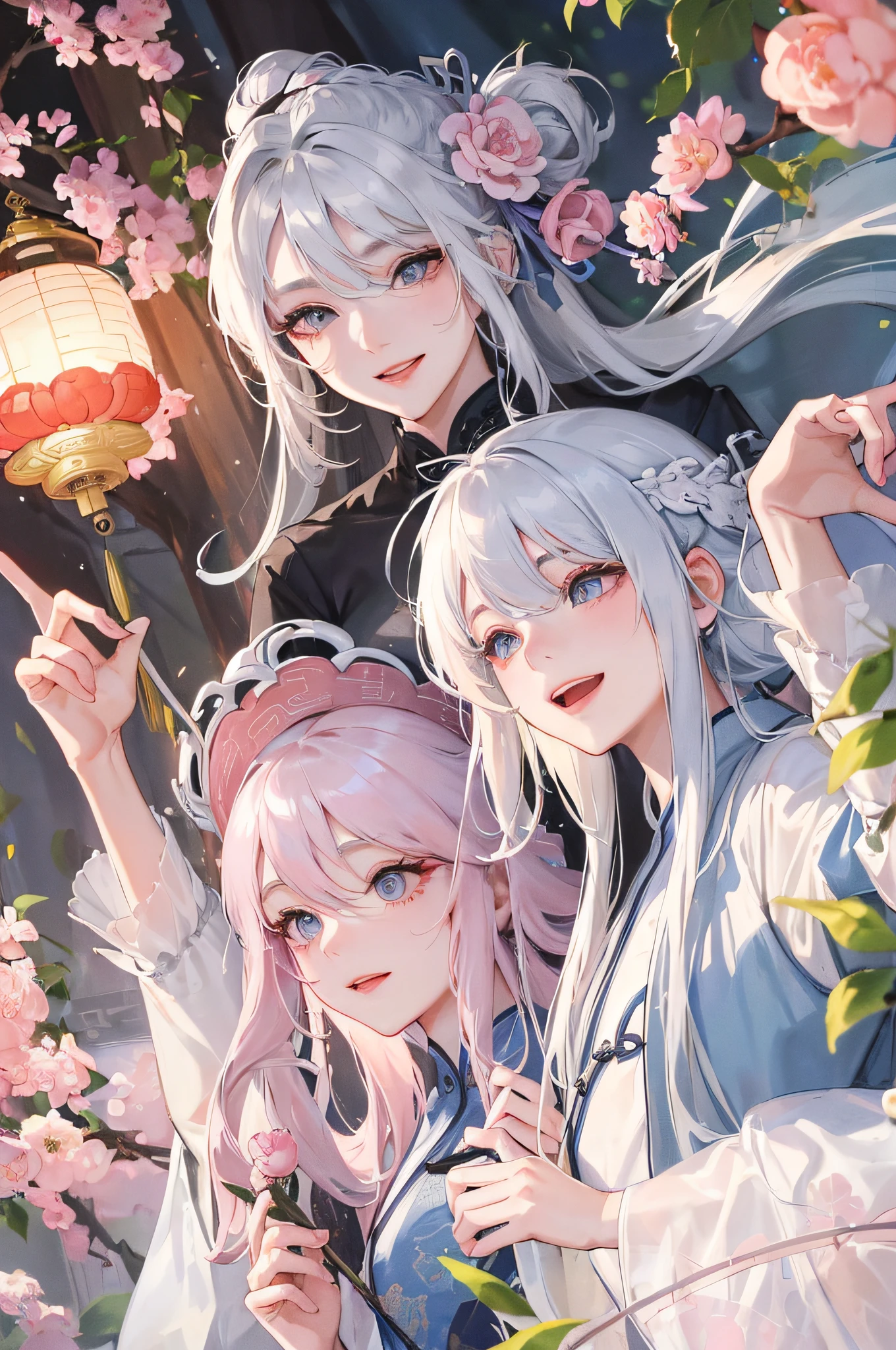 Masterpiece, Exquisite, Daytime, Outdoor, Festival, Celebration, 1 Woman, Individual,, Chinese Style, Ancient China, Sisters, Happy, Smile, Woman with Long Silver-White Hair, Gray-blue Eyes, Restrained Hair, Bangs, Pink Peach Blossom on the Top of the Head, Light Pink Lips, White Coat,