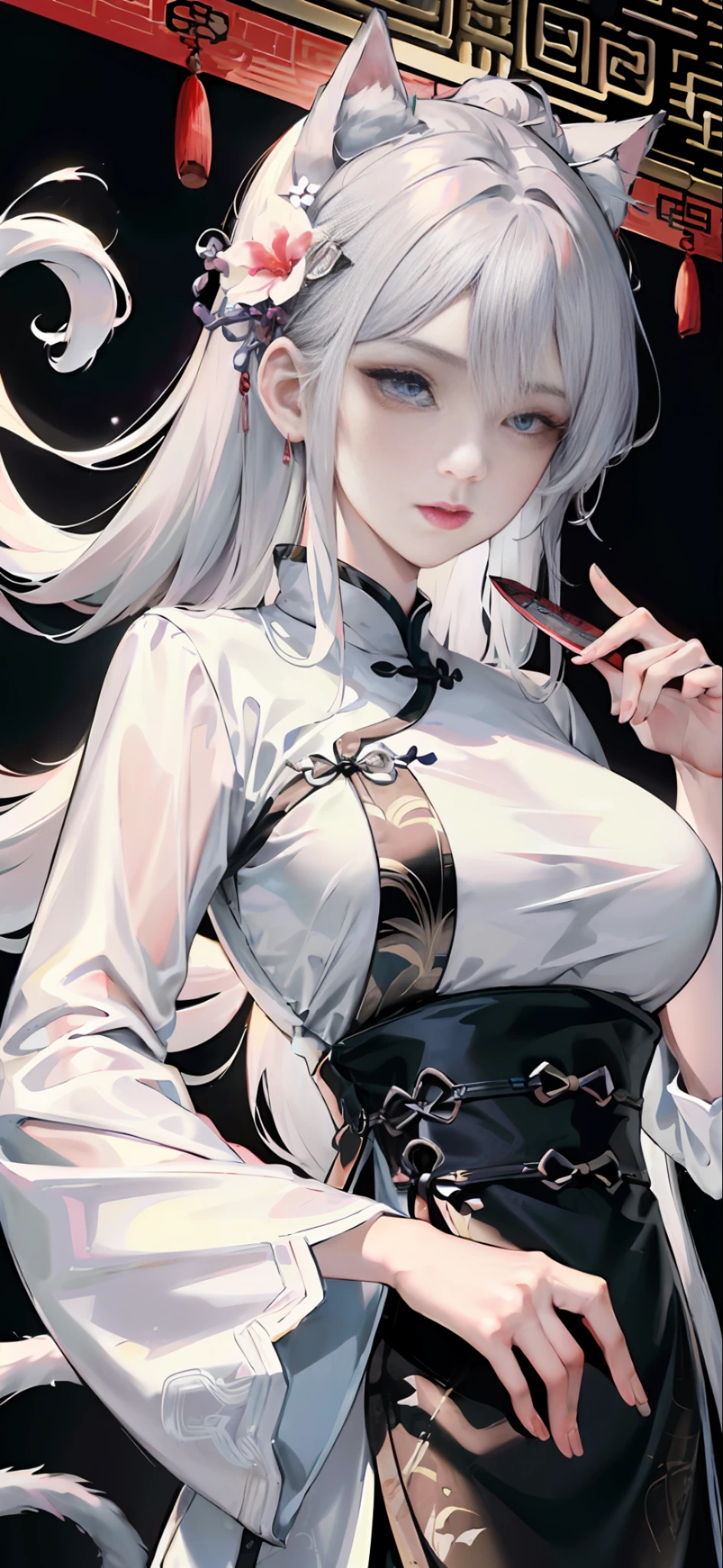 Masterpiece, Best, Night, Full Moon, 1 Female, Mature Woman, Chinese Style, Ancient China, Elder Sister, Royal Sister, Cold Face, Expressionless, Silver White Long Haired Woman, Pale Pink Lips, Calm, Intellectual, Three Belts, Red Lan Yitong, Assassin, Short Knife, Flower Ball Background, Street View Masterpiece, Best, Night, Full Moon, 1 Female, Mature Woman, Chinese Style, Ancient China, Sister, Royal Sister, Cold Face, Expressionless, Silver White Long Hair Woman, pale pink lips, calm, intellectual, three belts, gray pupils, assassin, dagger, flower ball background, street view, white-haired catwoman, Hanfu, cat ears, nine cat tails, fairy air